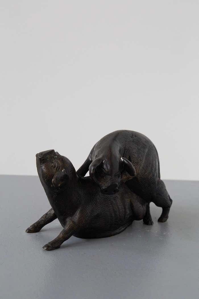 Italian Bronze Sculpture: Two Pigs, Bronze Artist 20th Century photo furniture