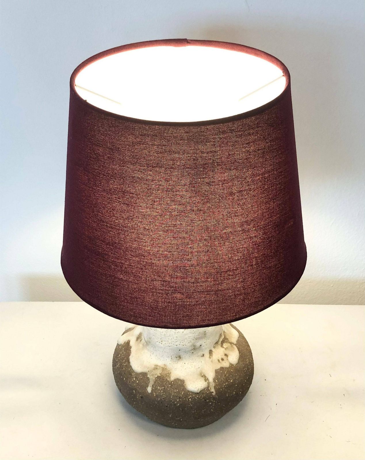 Danish Chunky Vintage Design Ceramic Table Lamp In Organic Shape With White Glaze On Raw Clay And Beautiful Purple Drum Shade photo Lighting