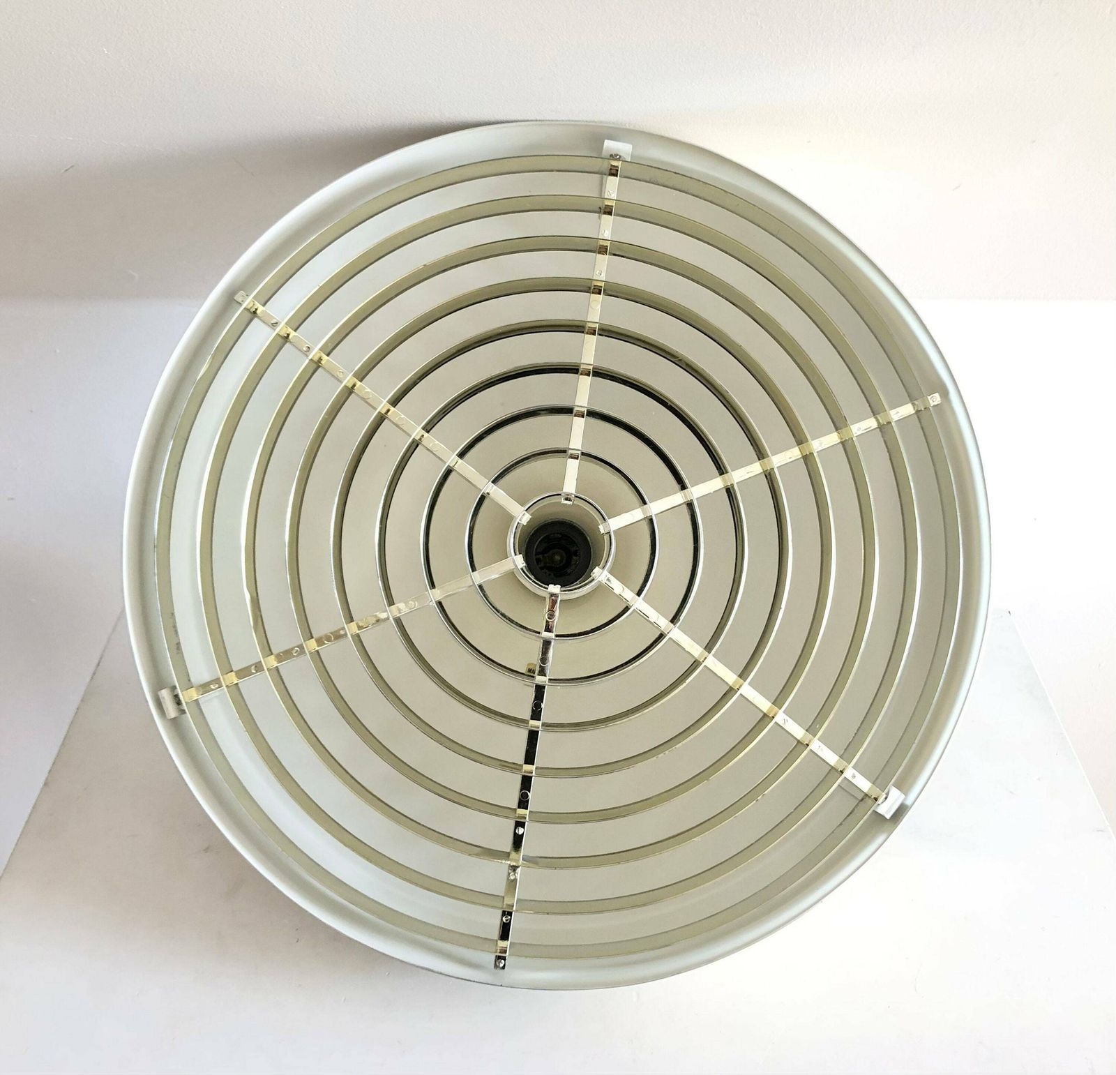 Danish Mid Century Modern Design Minimalist Ceiling Lamp With Gold Painted Metal Shade And Cool Gold Plastc Grid photo vintage