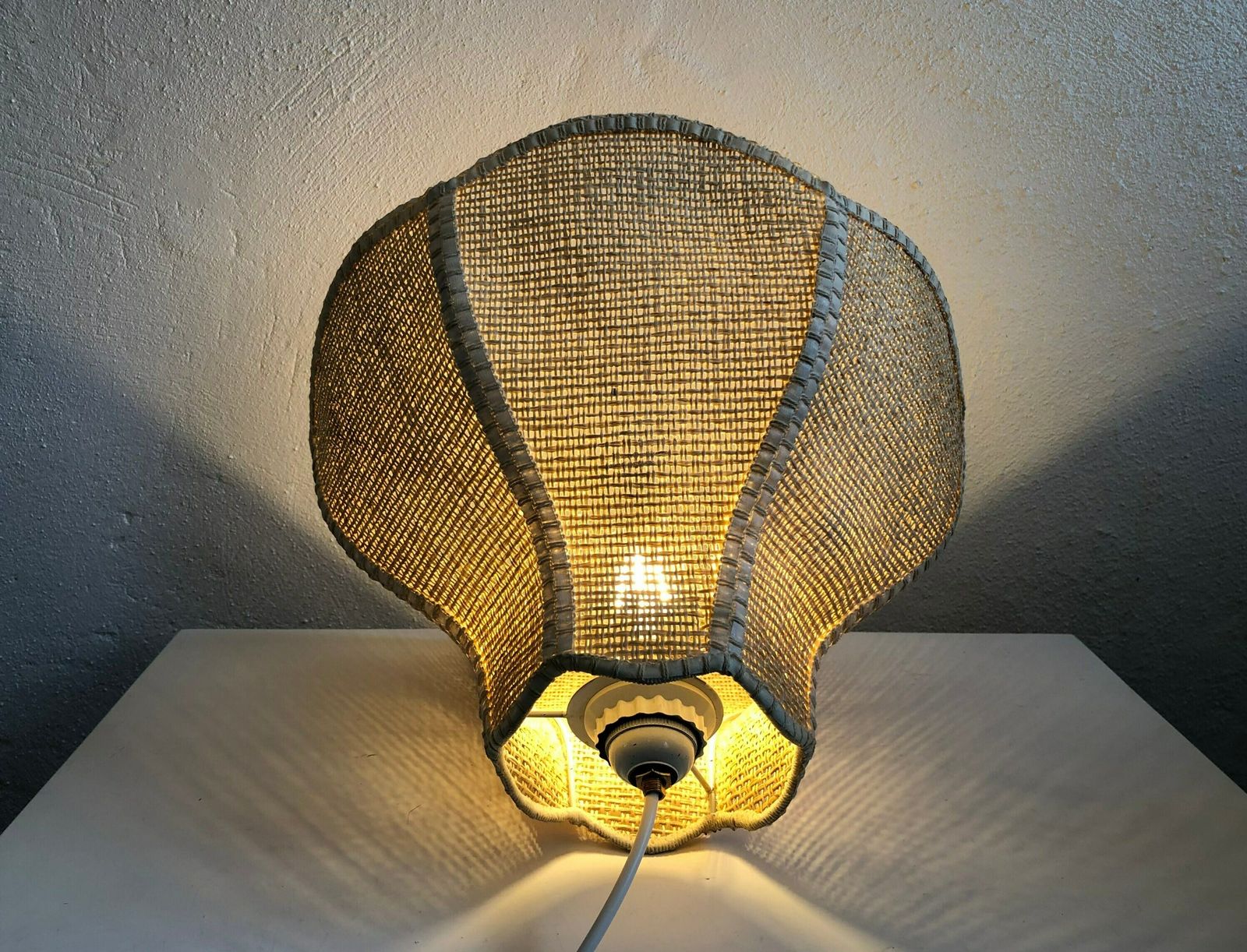 Scandinavian Mid Century Ceiling Lamp Made Of Woven Rattan In An Classic Shape And Modernist Style photo vinterior