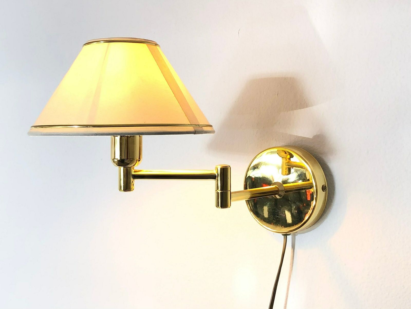 Mid Century Danish Small Swing Arm Junge & Vitrika Design Wall Lamp In Brass With Vintage Beige Fabric Shade photo furniture