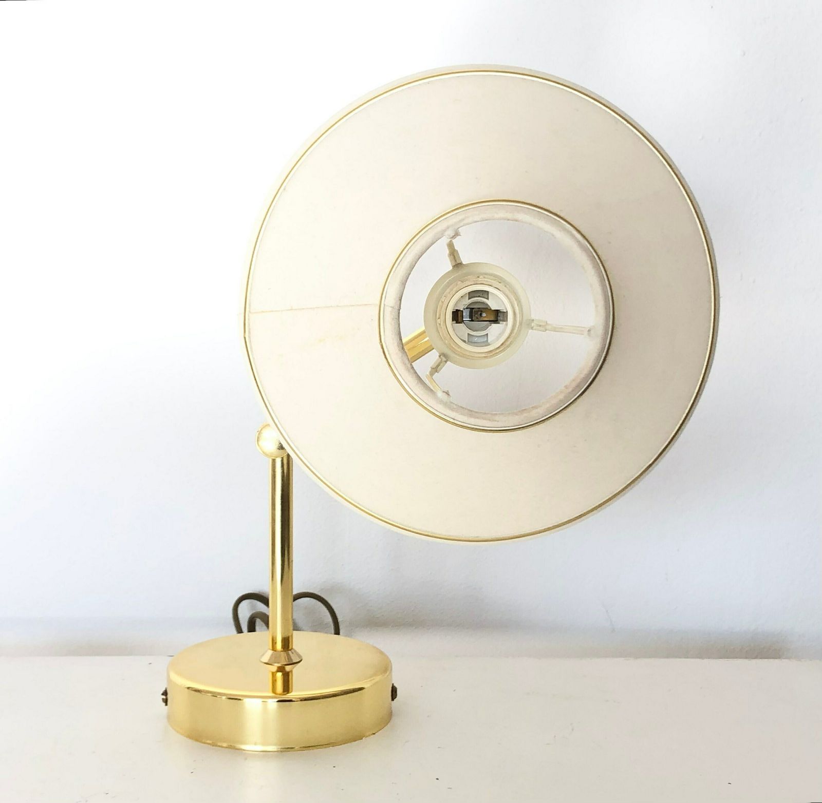 Mid Century Danish Small Swing Arm Junge & Vitrika Design Wall Lamp In Brass With Vintage Beige Fabric Shade photo vinterior