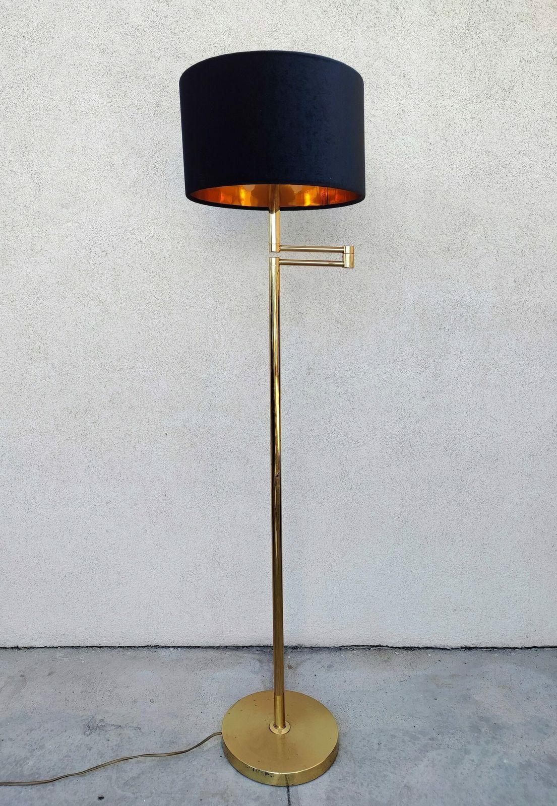 Mid Century Modern Brass Swing Arm Floor Lamp With Black Velvet Shade // Made Ij West Germany In 1960s photo Lighting
