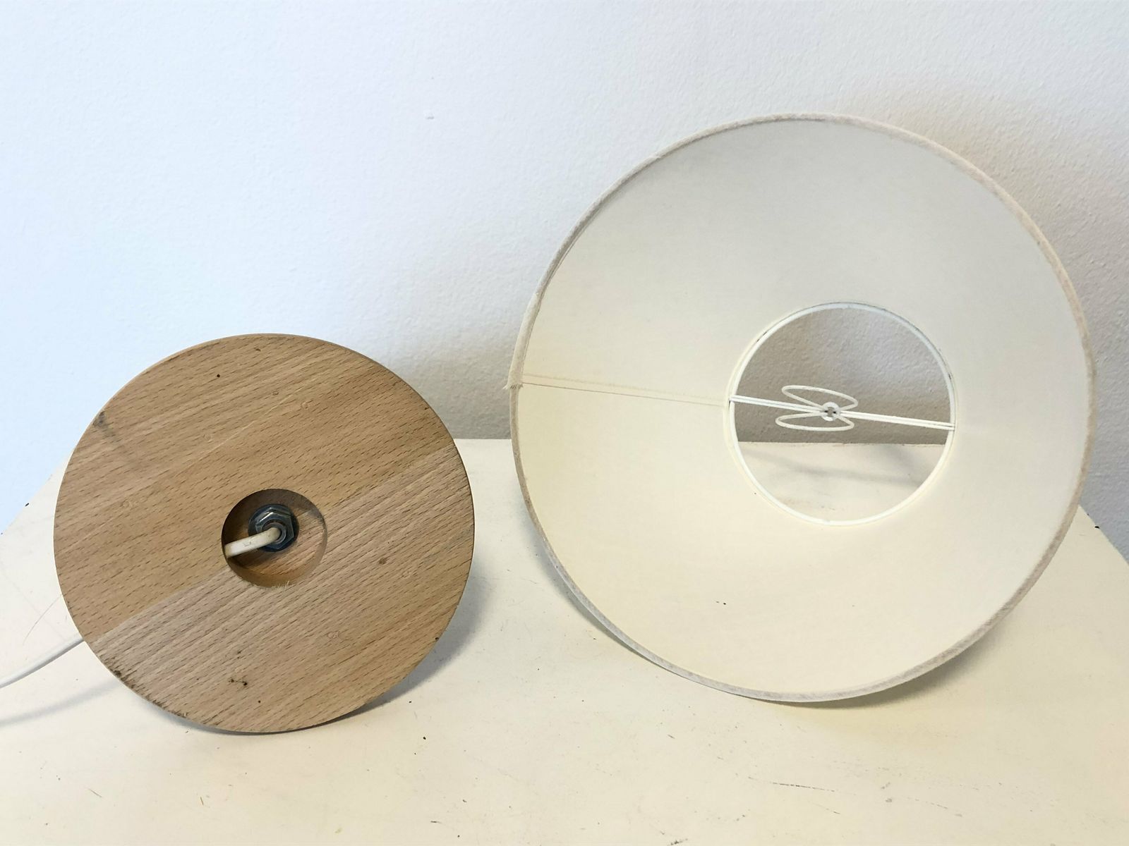 Danish Postmodern "Lotus" Table Lamp In Wood With Chrome Details And Vintage Fabric Shade   Design From Design Light photo vintage
