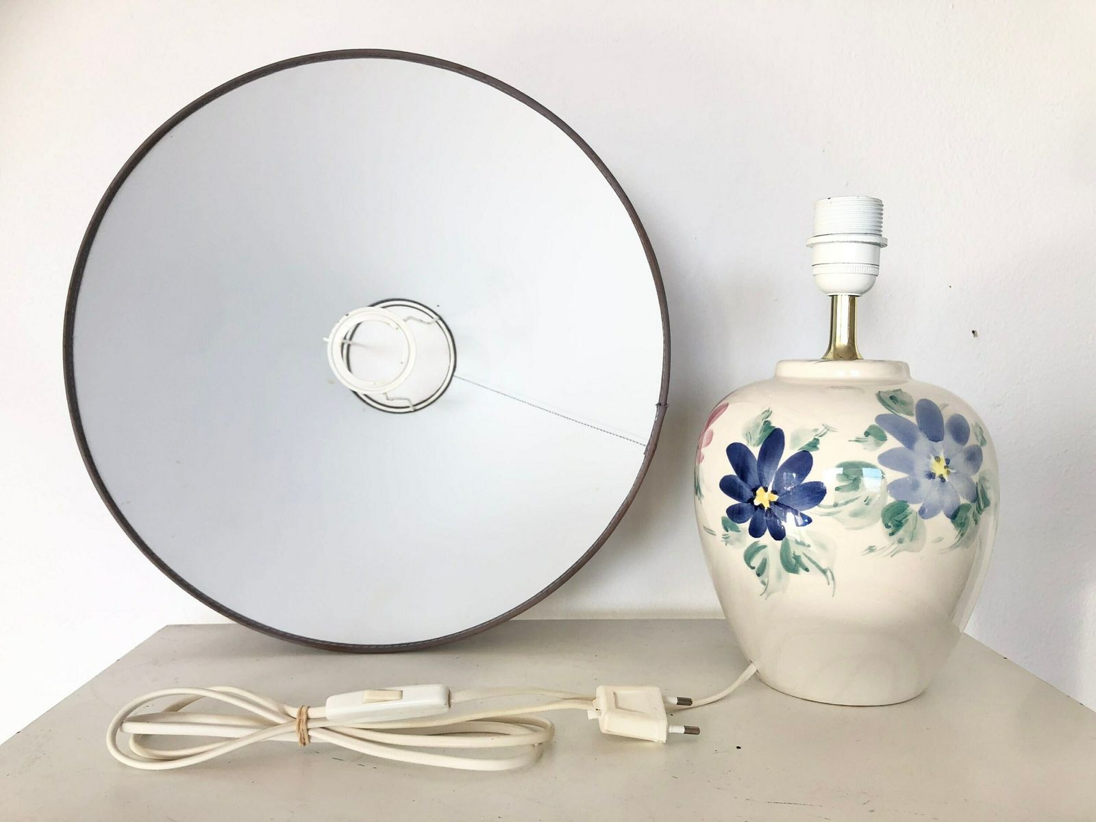 Danish Mid Century Table Lamp In Beautiful Off White Glazed Porcelain With Flower Decoration And Grey Vintage Fabric Shade   Design By Rd photo buy