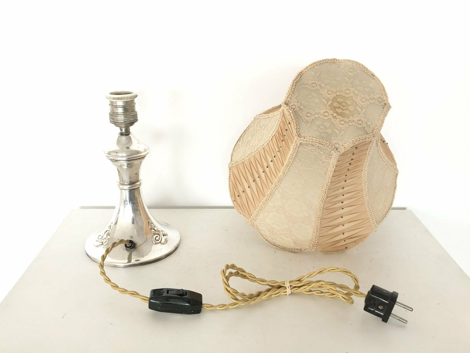 Danish Art Deco Silverplate Table Lamp In Organic Shape With Decoration And Beautiful Lace And Fabric Shade   Design By Hags, Denmark photo vintage
