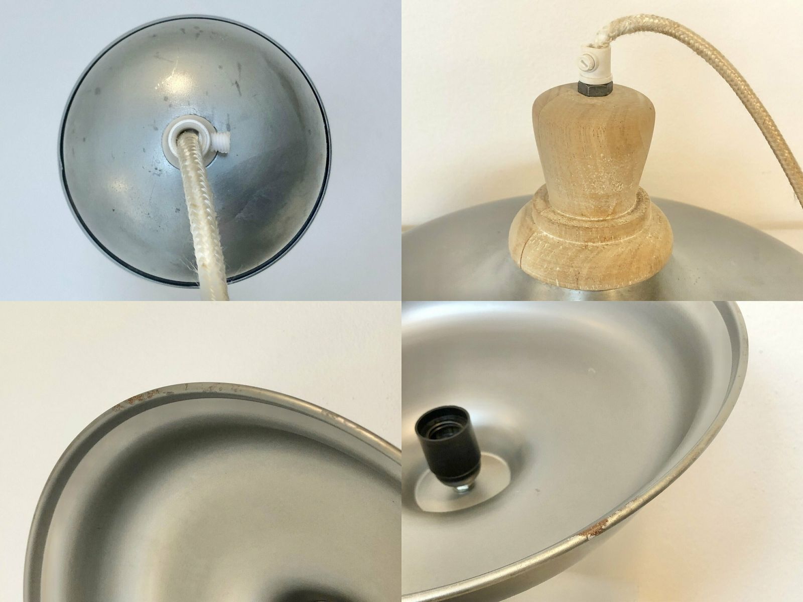 photo furniture Vintage Industrial Design Mid Century Ceiling Lamp In Aluminium Metal And Wooden Top