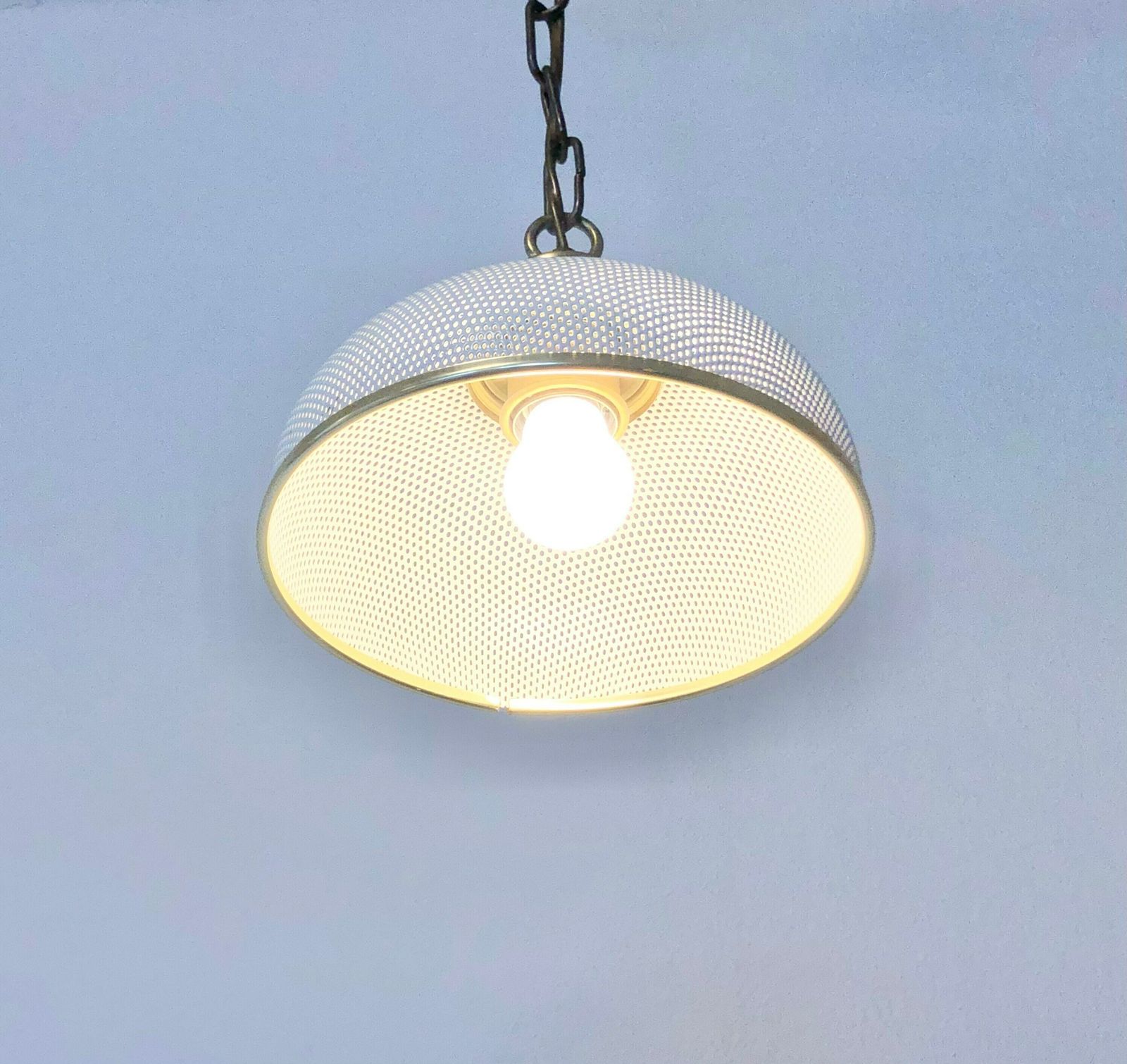 Danish Vintage Ceiling Lamp In White Perforated Metal And Great Design Details In Brass And Gold photo Lighting