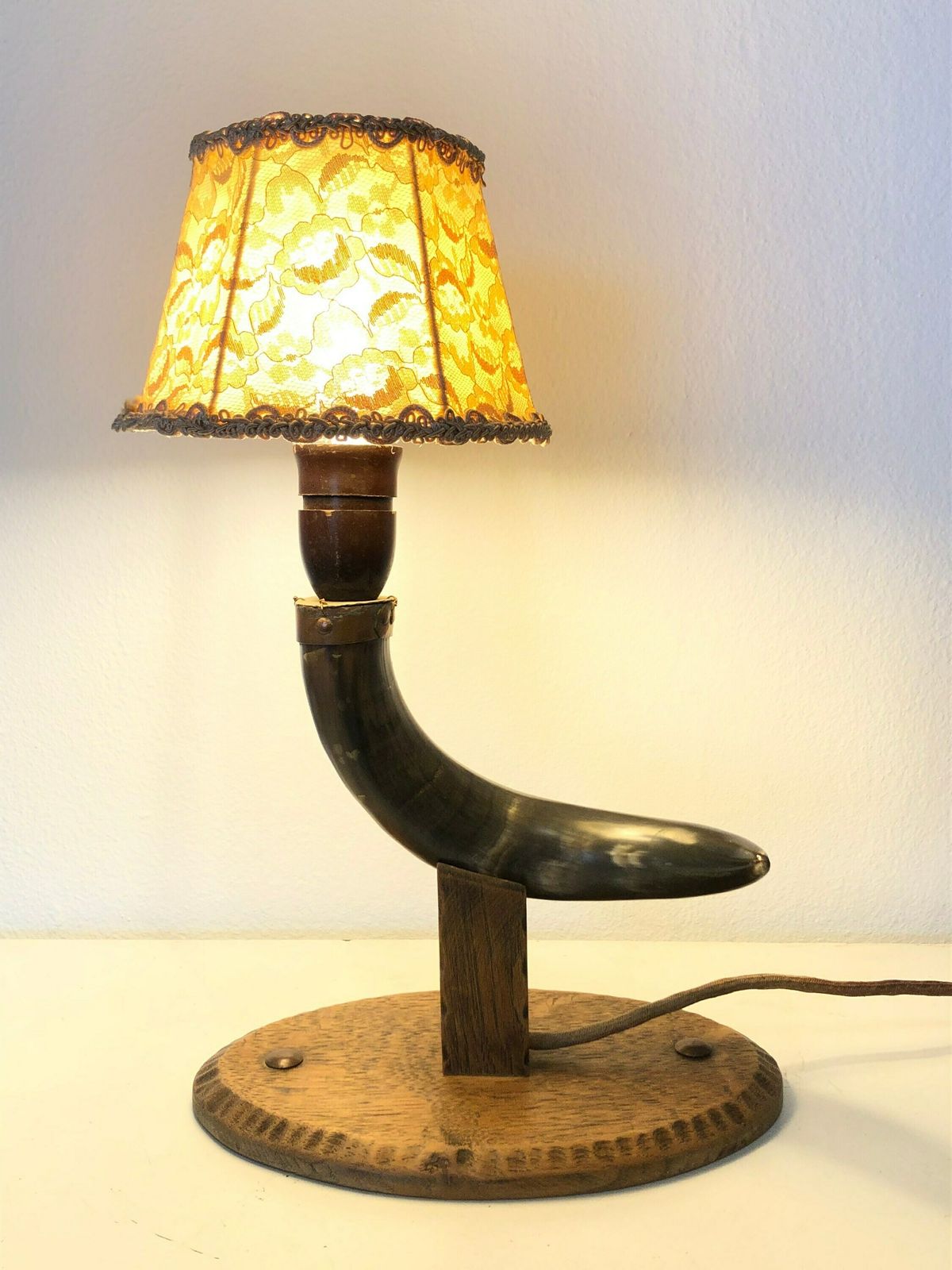 photo buy Beautiful Early Mid Century Danish Horn And Wood Table Lamp With Beautiful Shapes And Vintage Beige Lace Fabric Shade