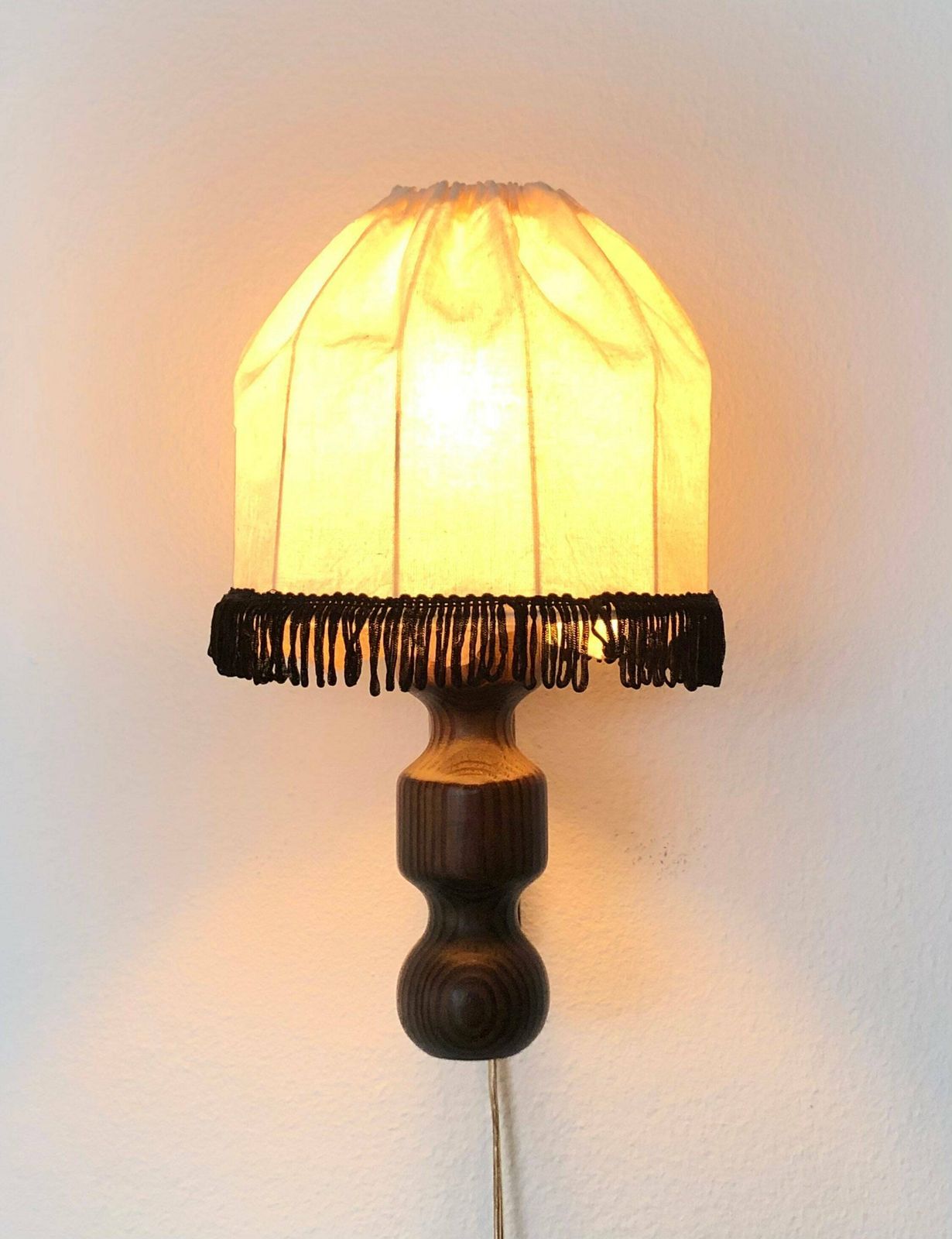 Beautiful Mid Century Danish Wooden Wall Lamp With Carvings And Vintage Beige Fabric Shade photo furniture