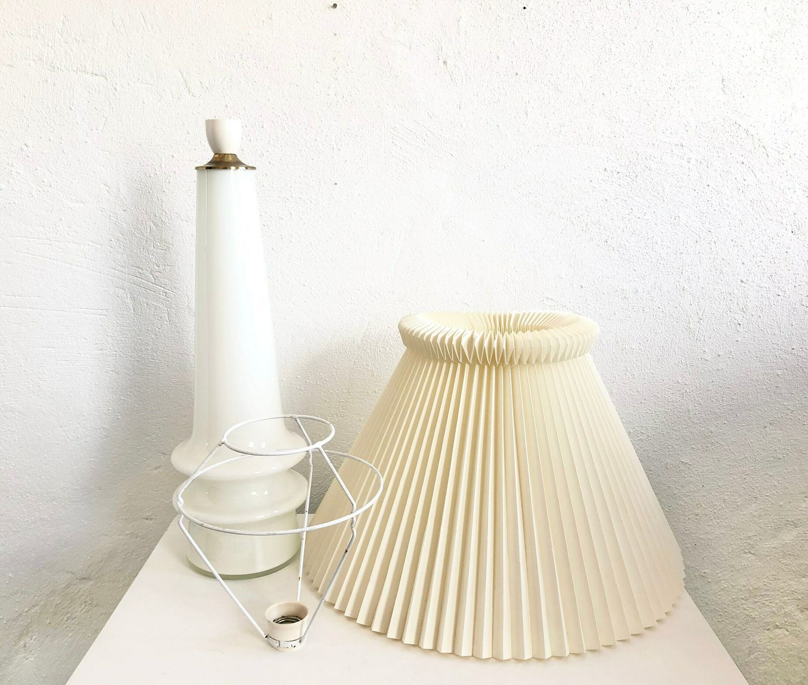 Danish Mid Century Huge White Glass Table Lamp With Large Le Klint Off White Pleated Shade photo vinterior
