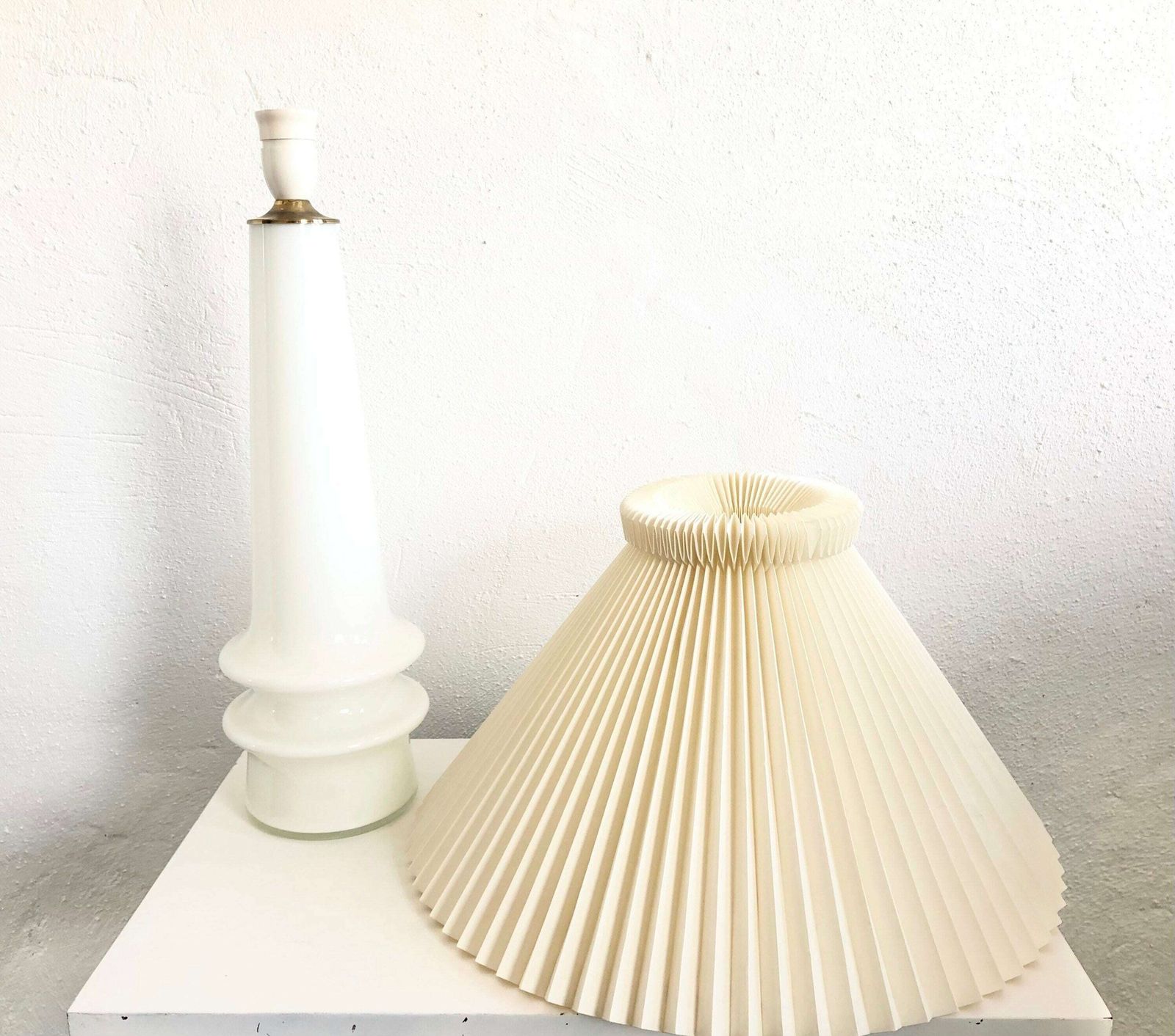 Danish Mid Century Huge White Glass Table Lamp With Large Le Klint Off White Pleated Shade photo buy