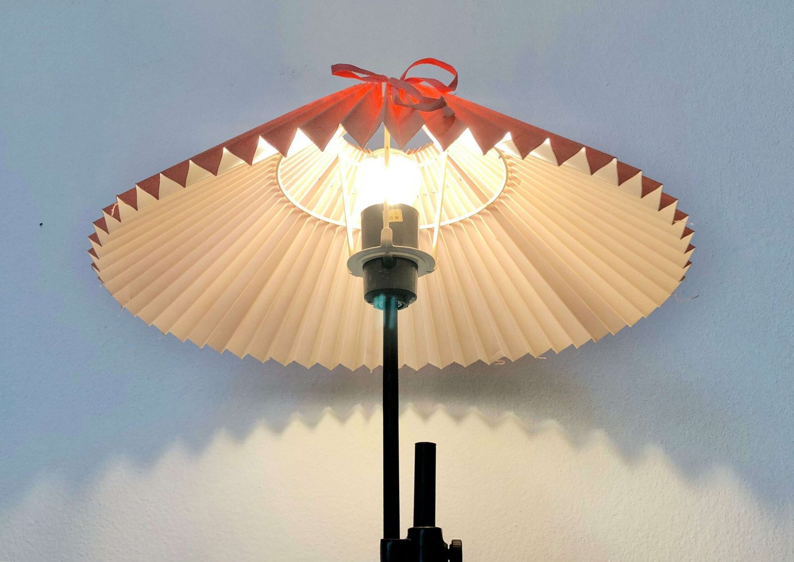 Danish Modernist Table Lamp With Heavy Black Painted Iron Base And Cute Coral Pleated Vintage Fabric Shade photo 245.0