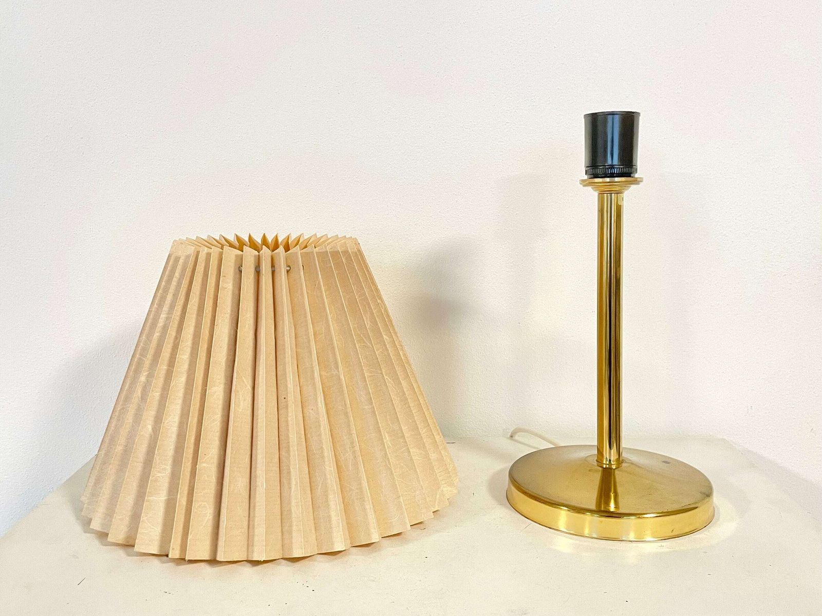 Danish Beautiful Vintage Mid Century Table Lamp With Brass Base And Beige Pleated Paper Shade photo buy