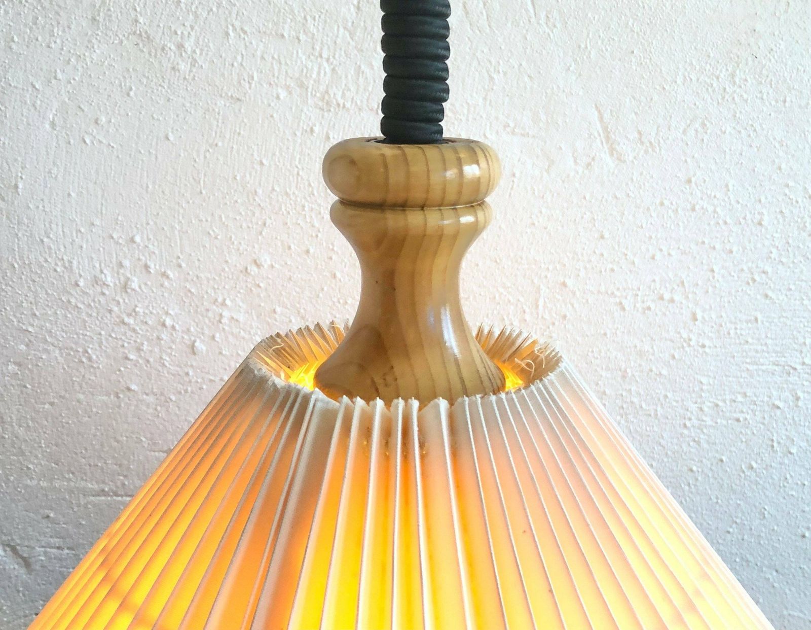 Danish Mid Century Vintage Ceiling Lamp With Large Beige Pleated Shade And Wood Details photo vinterior