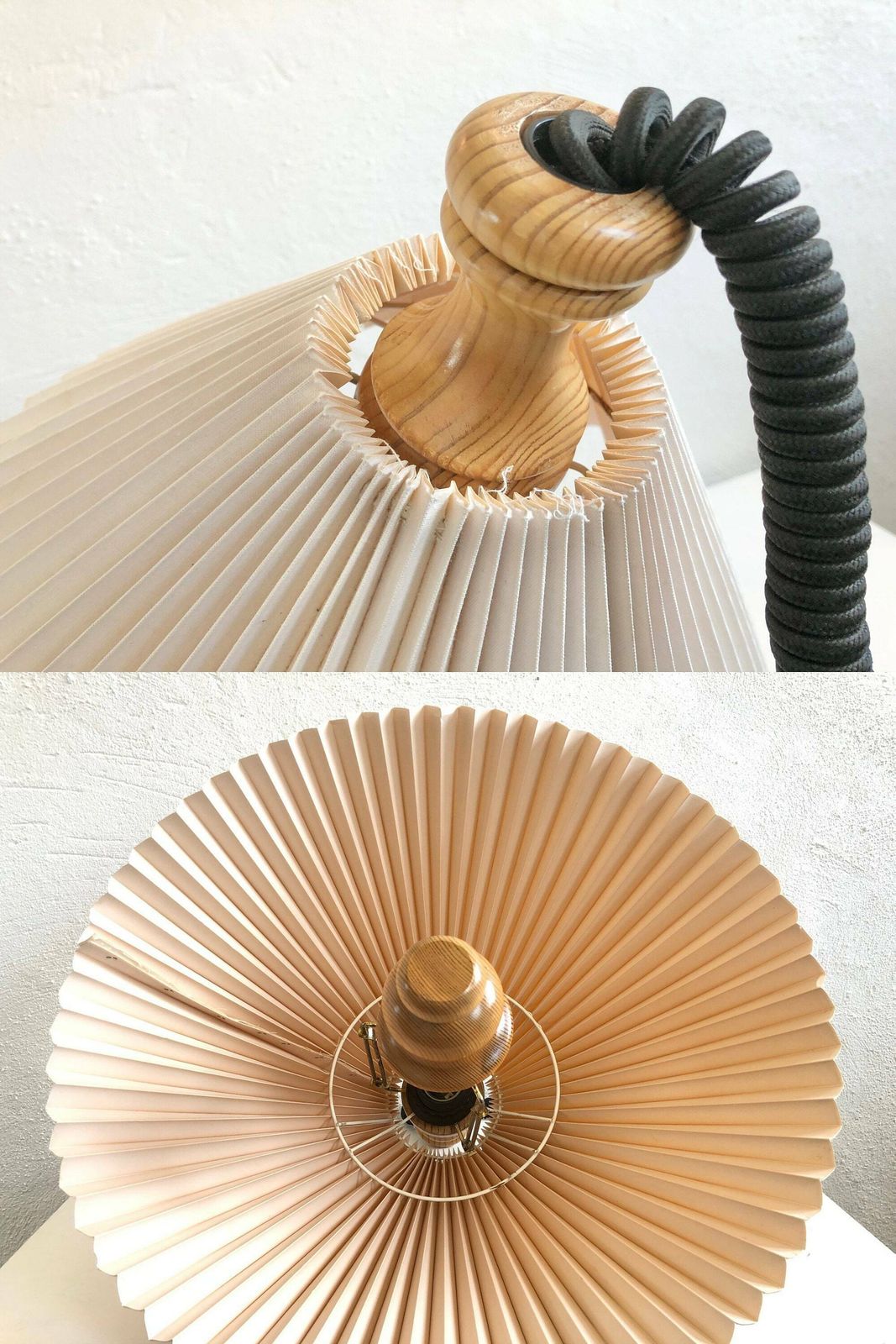 photo furniture Danish Mid Century Vintage Ceiling Lamp With Large Beige Pleated Shade And Wood Details