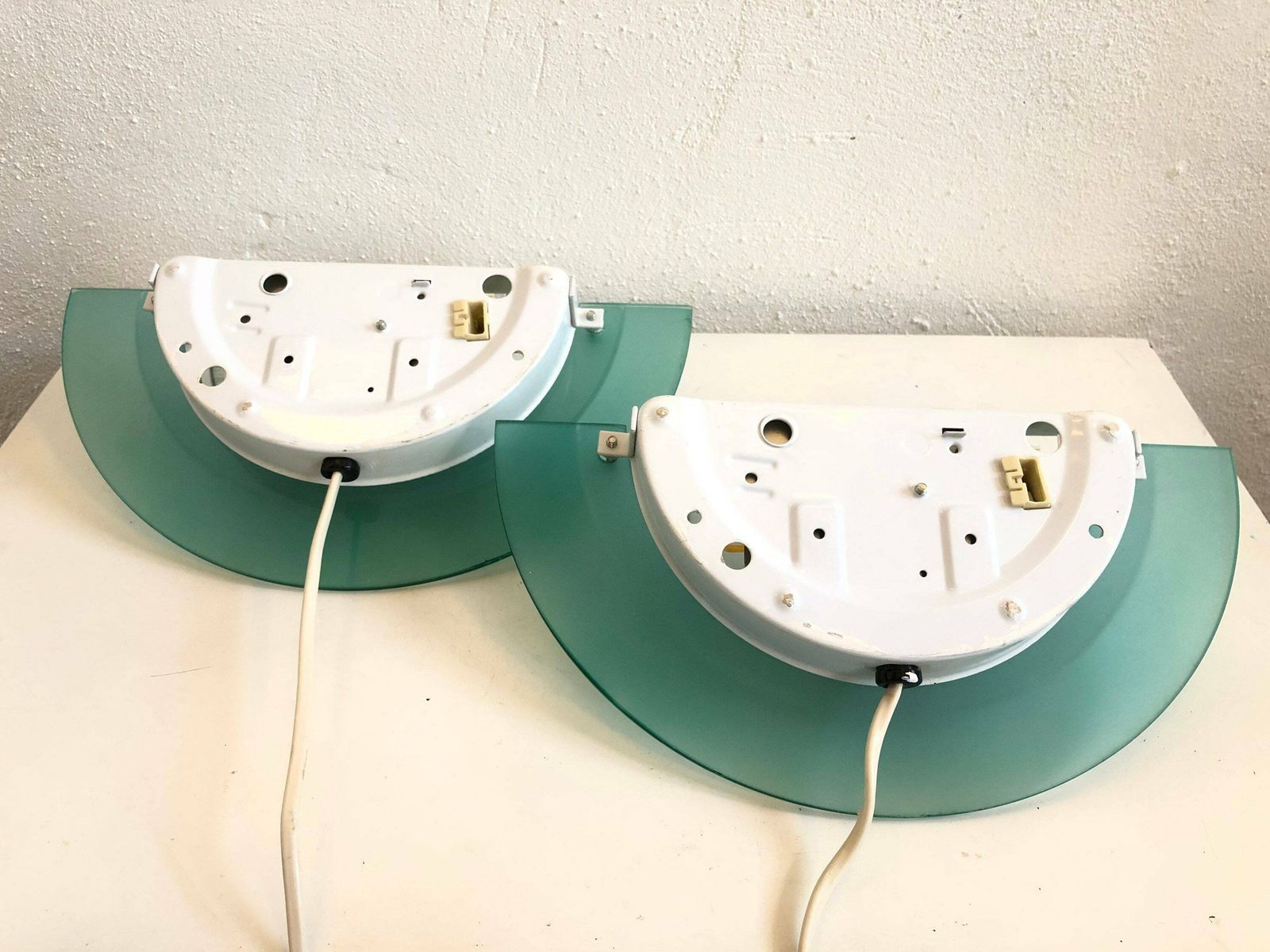 Pair Of Vintage Minimalist Wall Lamps In Frosted Transparent And Pastel Turquoise Glass   Design By Massive photo vinterior