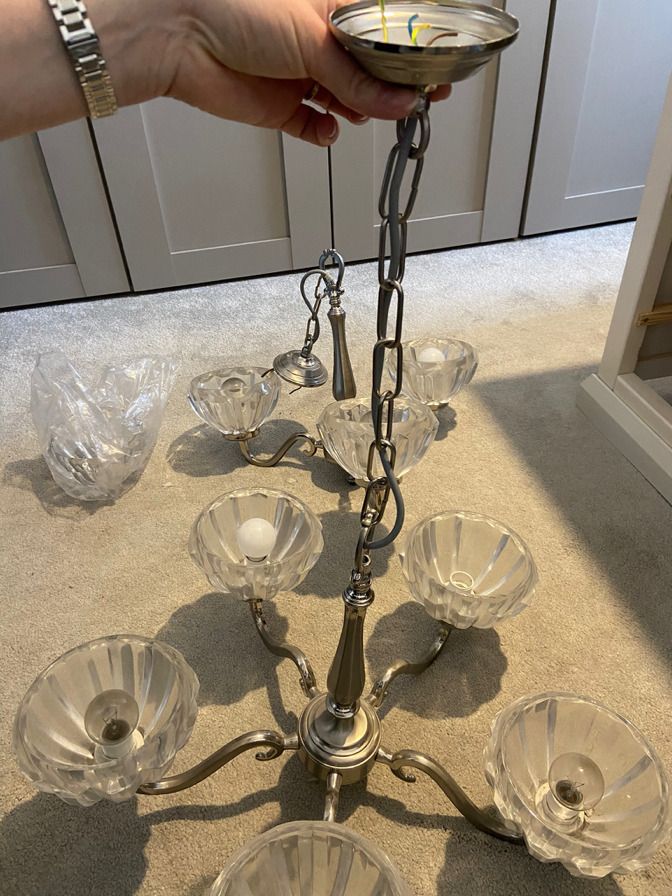 1930's Pair Of Pendant Art Deco Light Fittings, 1 X 3 Arm And 1 X 5 Arm photo buy