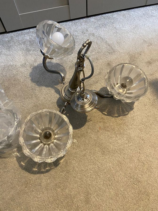 1930's Pair Of Pendant Art Deco Light Fittings, 1 X 3 Arm And 1 X 5 Arm photo vintage