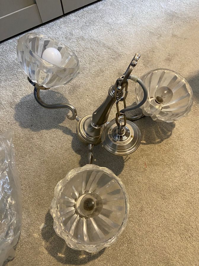 photo for sale 1930's Pair Of Pendant Art Deco Light Fittings, 1 X 3 Arm And 1 X 5 Arm