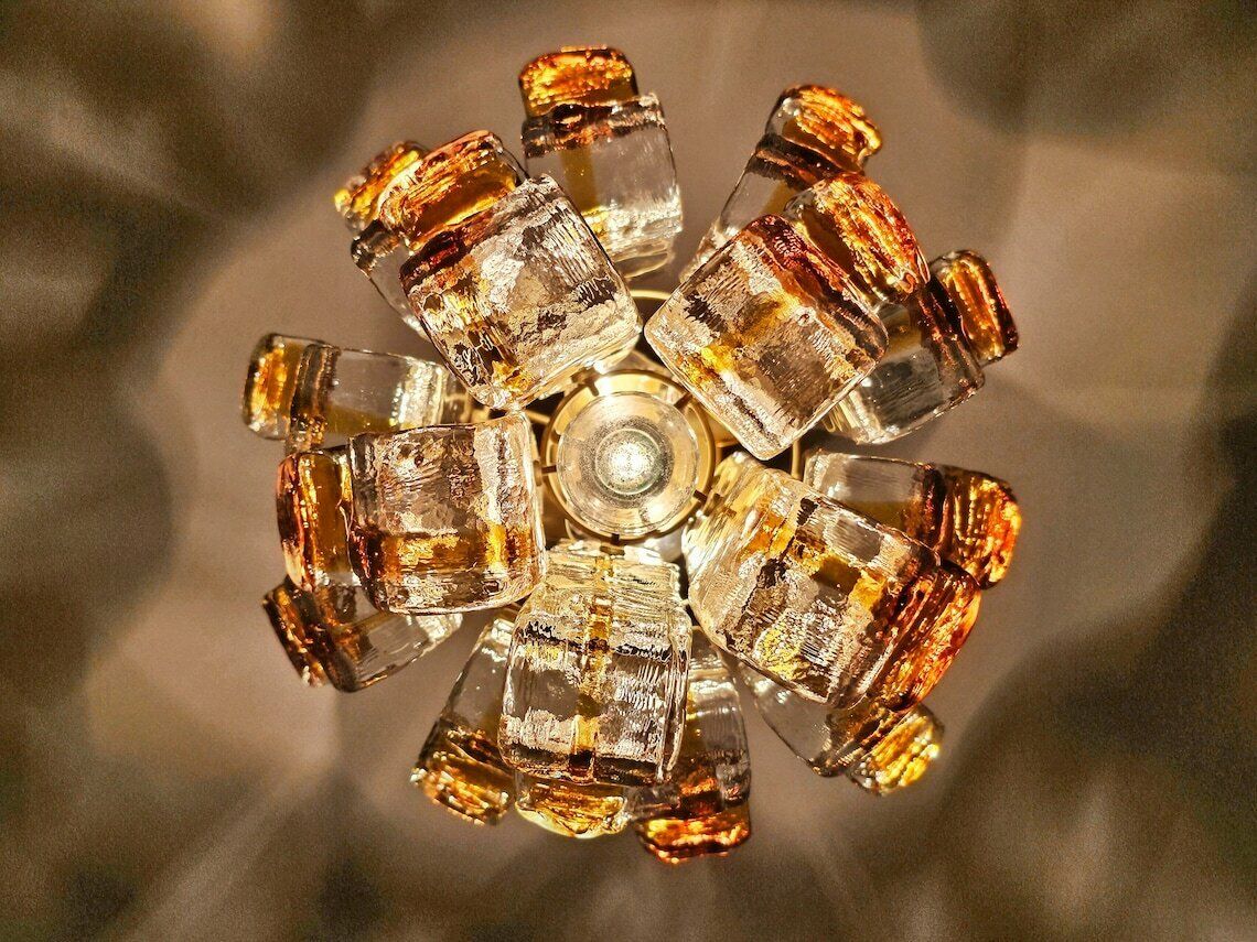 Very Rare Mid Century Modern Amber Glass Chandelier Shaped As Flower By Toni Zuccheri For Av Mazzega // Made In Italy In 1960s photo for sale