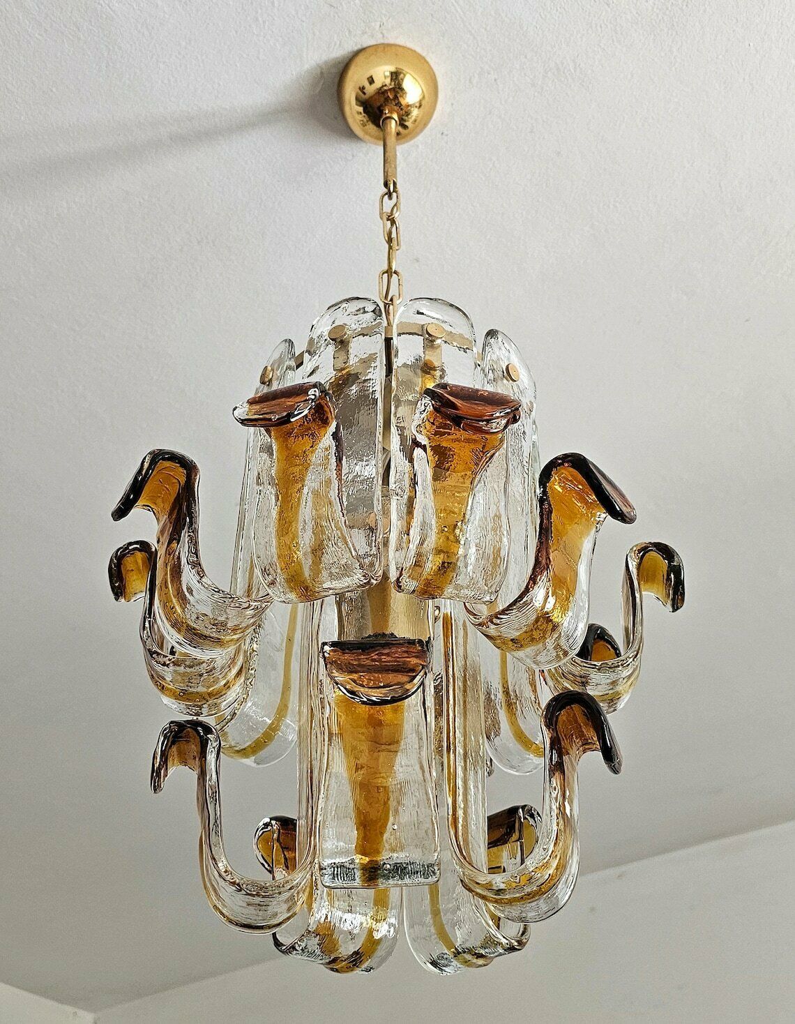 photo for sale Very Rare Mid Century Modern Amber Glass Chandelier Shaped As Flower By Toni Zuccheri For Av Mazzega // Made In Italy In 1960s