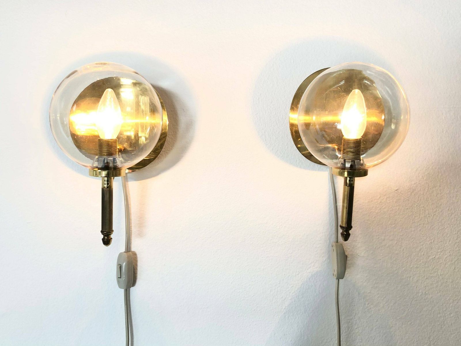 Pair Of Golden Elegant Danish Mid Century Art Deco Design Wall Lamps With Globe Glass Shades   Design By Tr&Co, Denmark photo Lighting