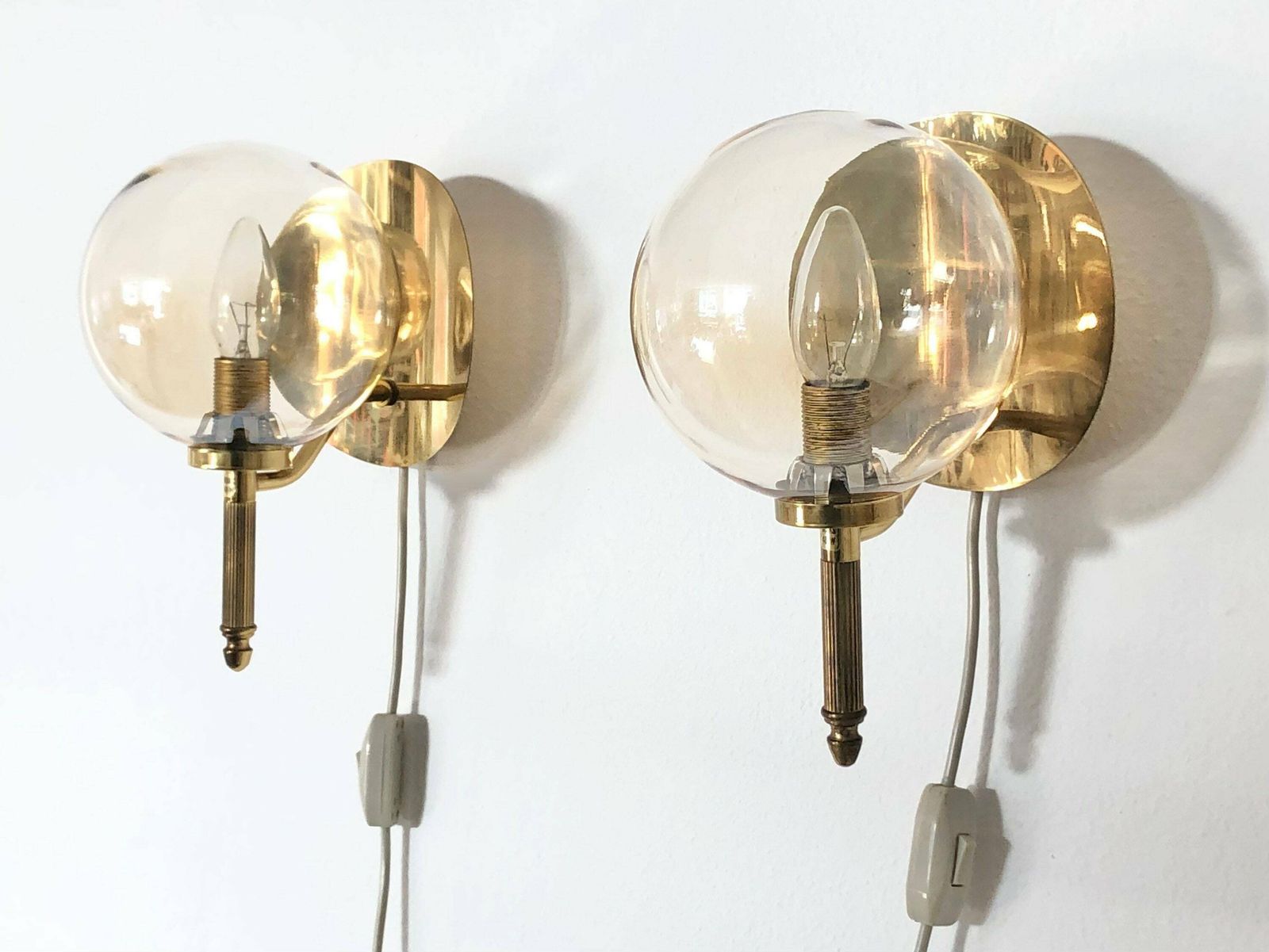 Pair Of Golden Elegant Danish Mid Century Art Deco Design Wall Lamps With Globe Glass Shades   Design By Tr&Co, Denmark photo 259.0