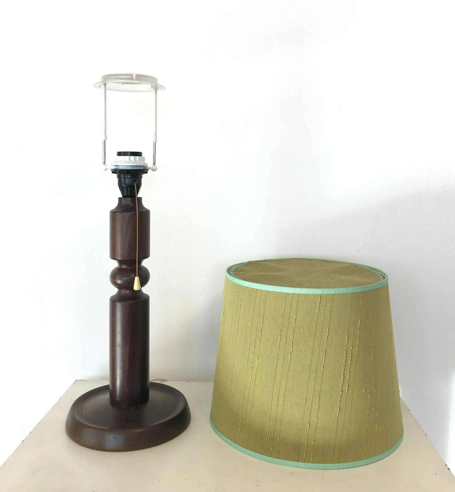 Vintage Danish Mid Century Large Wooden Table Lamp In Great Design With Beautiful Green Fabric Shade photo 259.0