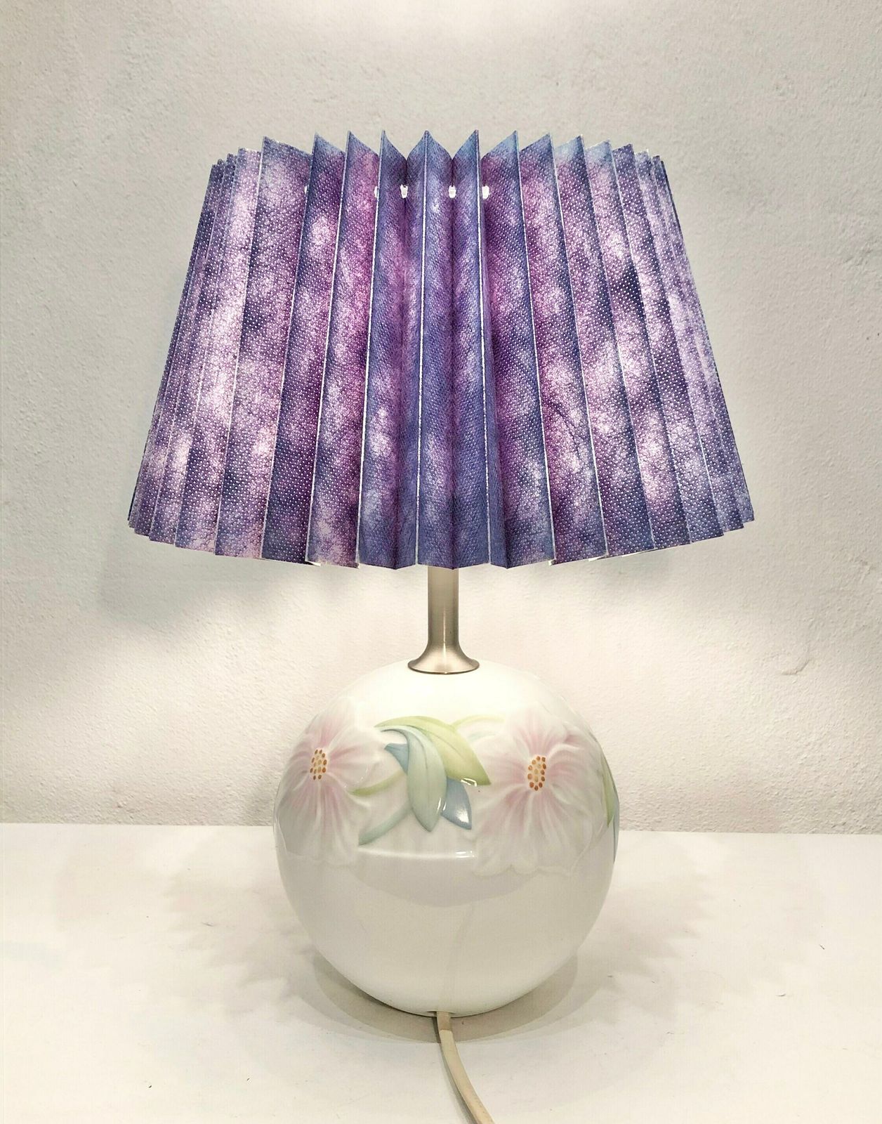 Royal Copenhagen Deauville Vintage Danish Porcelain Table Lamp With Floral Decoration And Purple Shade   Design By Annegrete Halling Koch photo for sale