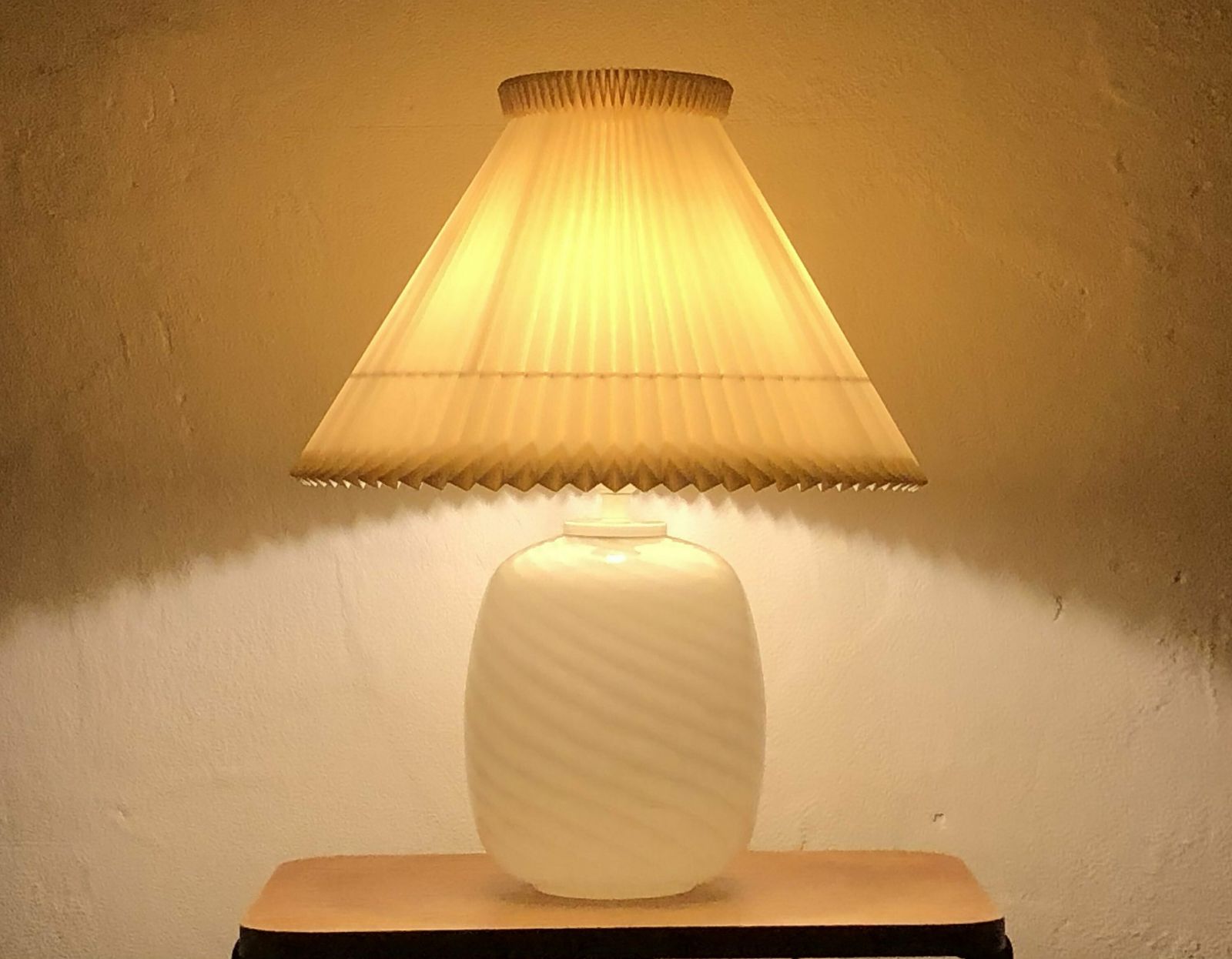 Danish Mid Century Modern Huge Table Lamp In Striped Patterned Minimalistic Art Glass With A Large Beige Pleated Le Klint Shade photo Lighting
