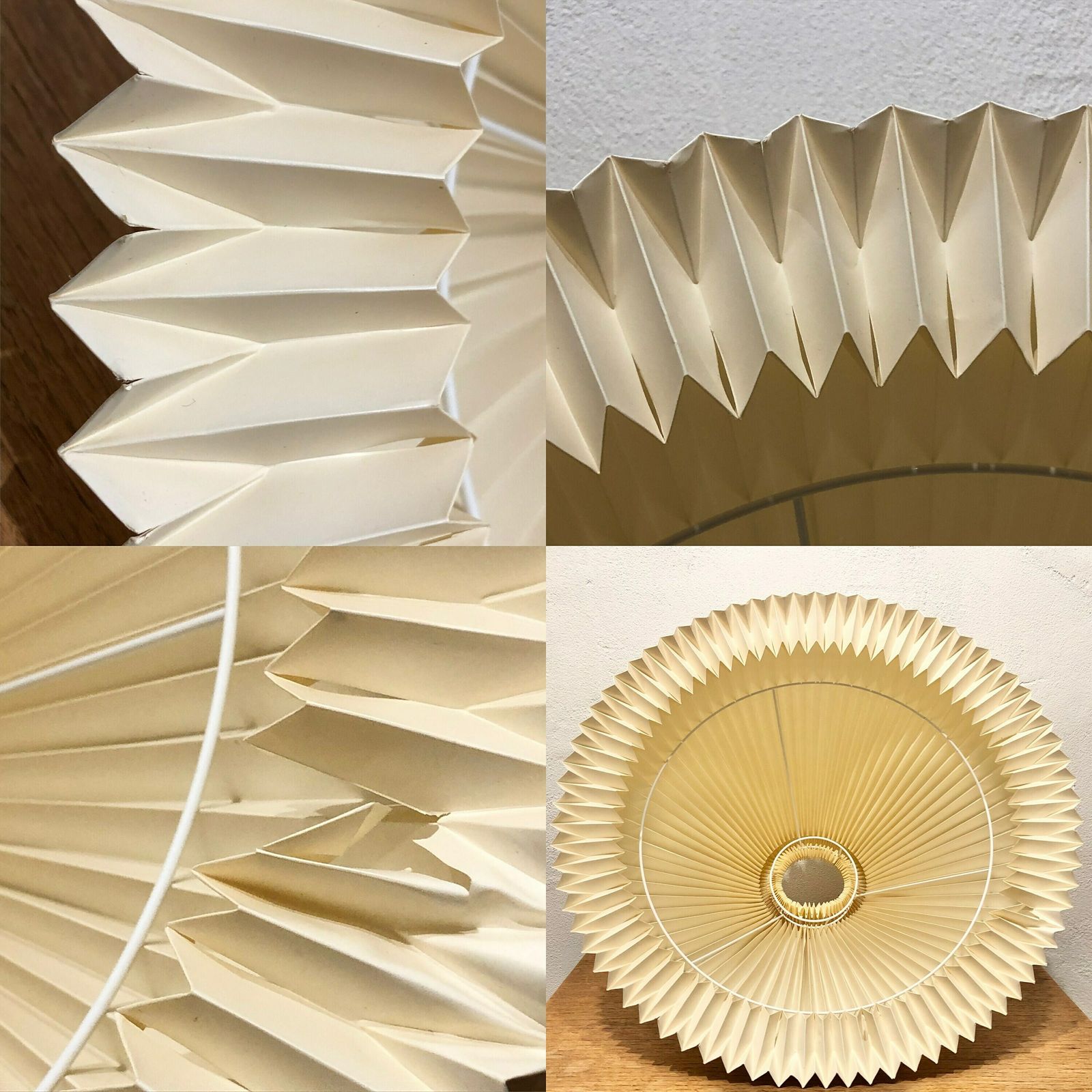 photo for sale Danish Mid Century Modern Huge Table Lamp In Striped Patterned Minimalistic Art Glass With A Large Beige Pleated Le Klint Shade