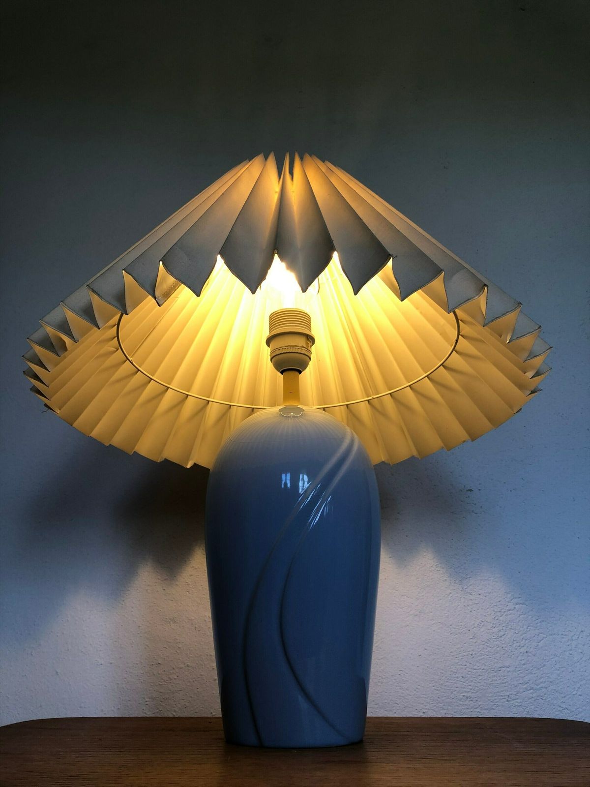 Danish Modernist Porcelain Table Lamp In Pastel Blue With Organic Pattern And Vintage Beige Pleated Fabric Shade   Design By Scan Lamps photo Lighting