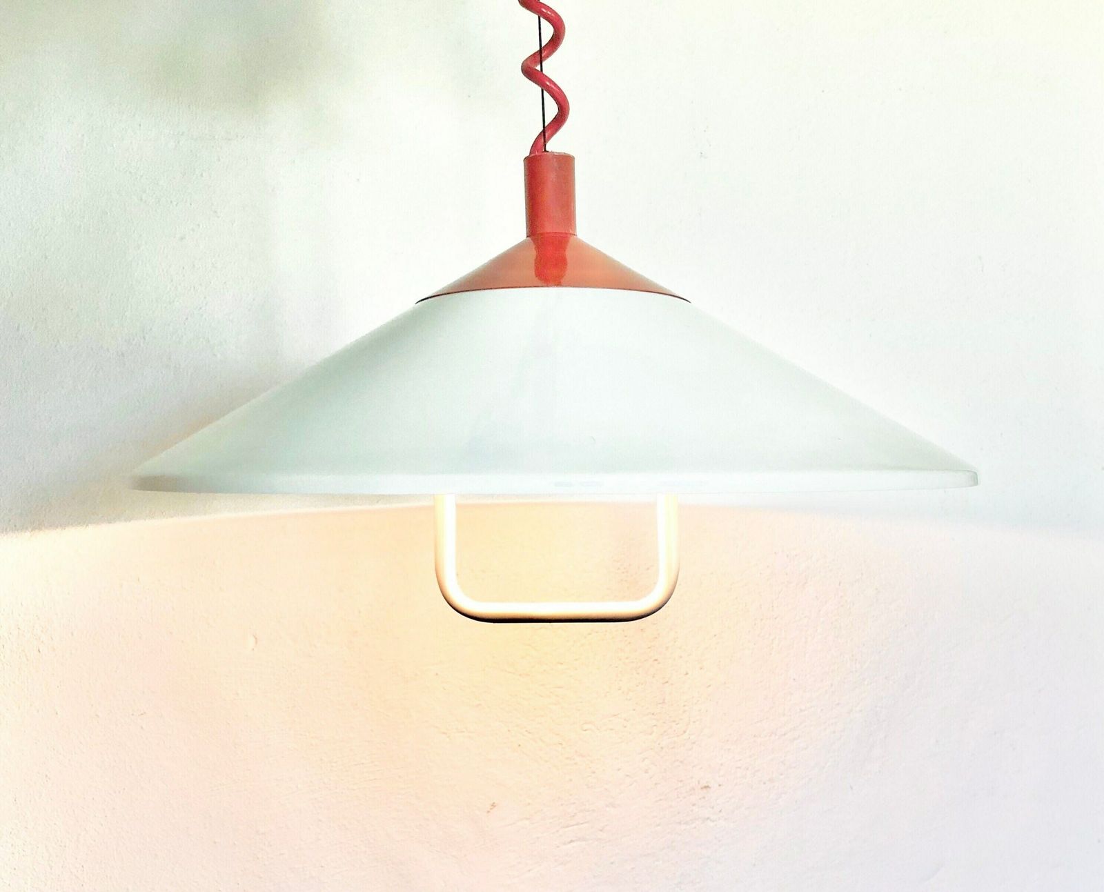Danish Minimalist Mid Century Ceiling Lamp In White Metal With Red Details photo furniture