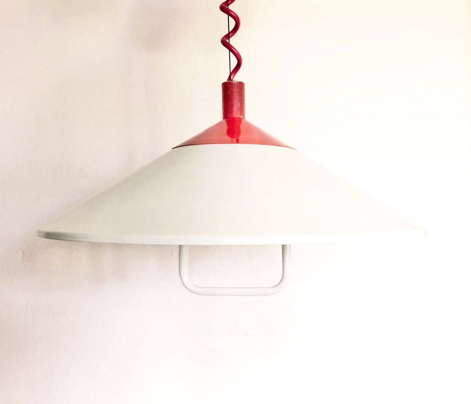 Danish Minimalist Mid Century Ceiling Lamp In White Metal With Red Details photo for sale