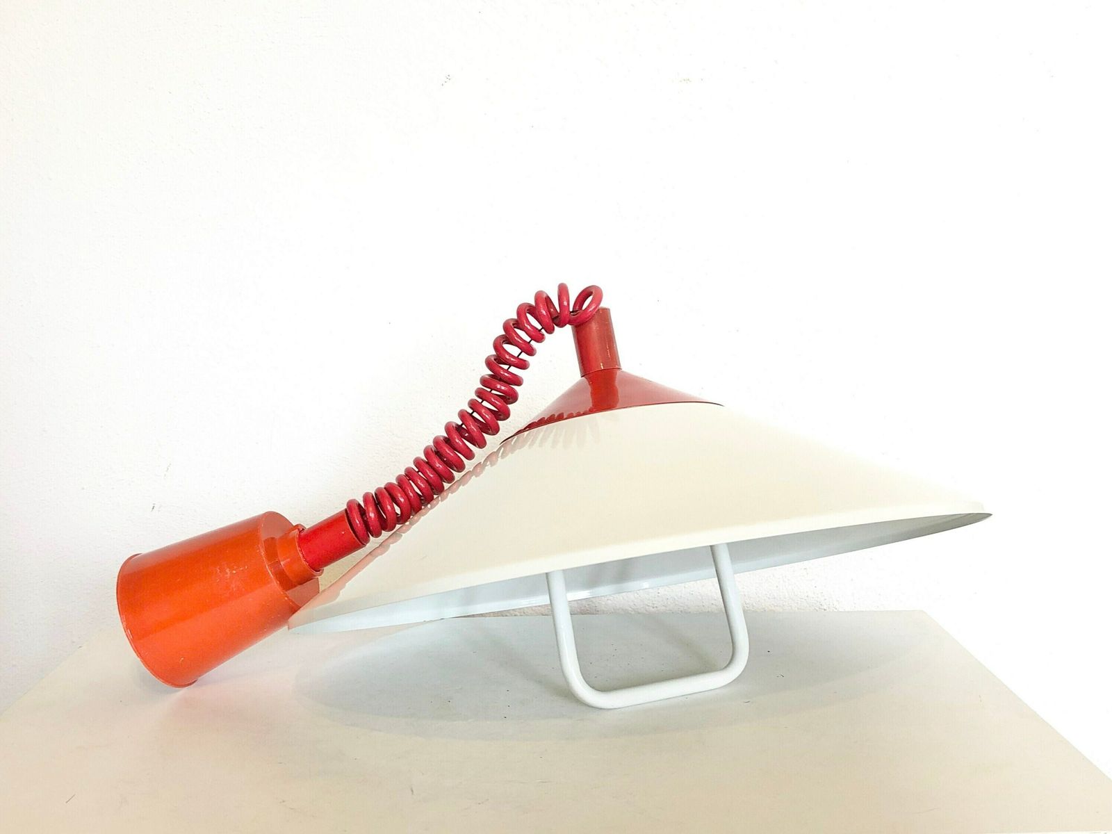 Danish Minimalist Mid Century Ceiling Lamp In White Metal With Red Details photo vinterior