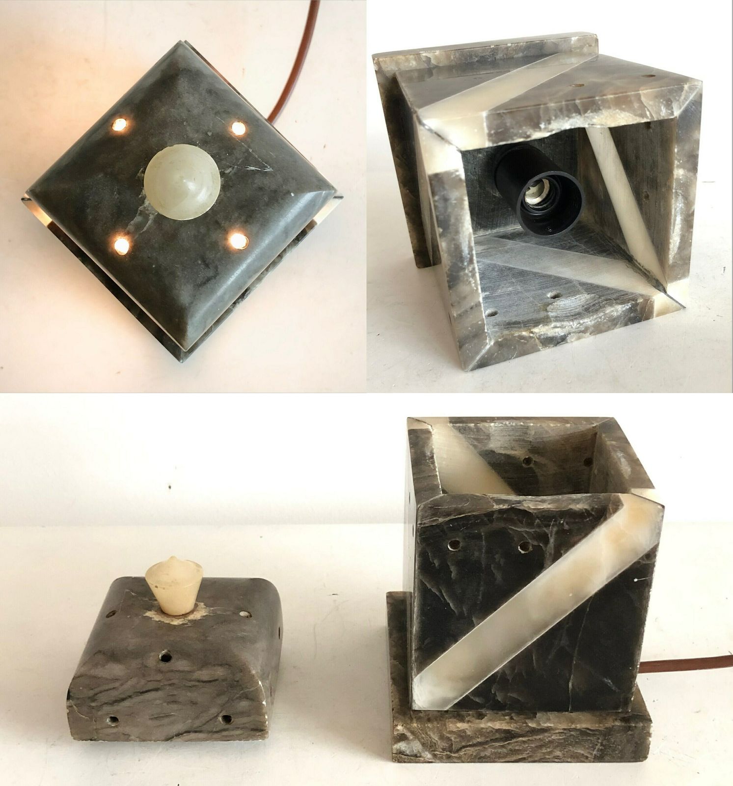 Vintage Gorgeous Black Alabaster Marbled Art Deco Table Lamp With Carved Architectural Shapes And Great Light Exposure photo vintage