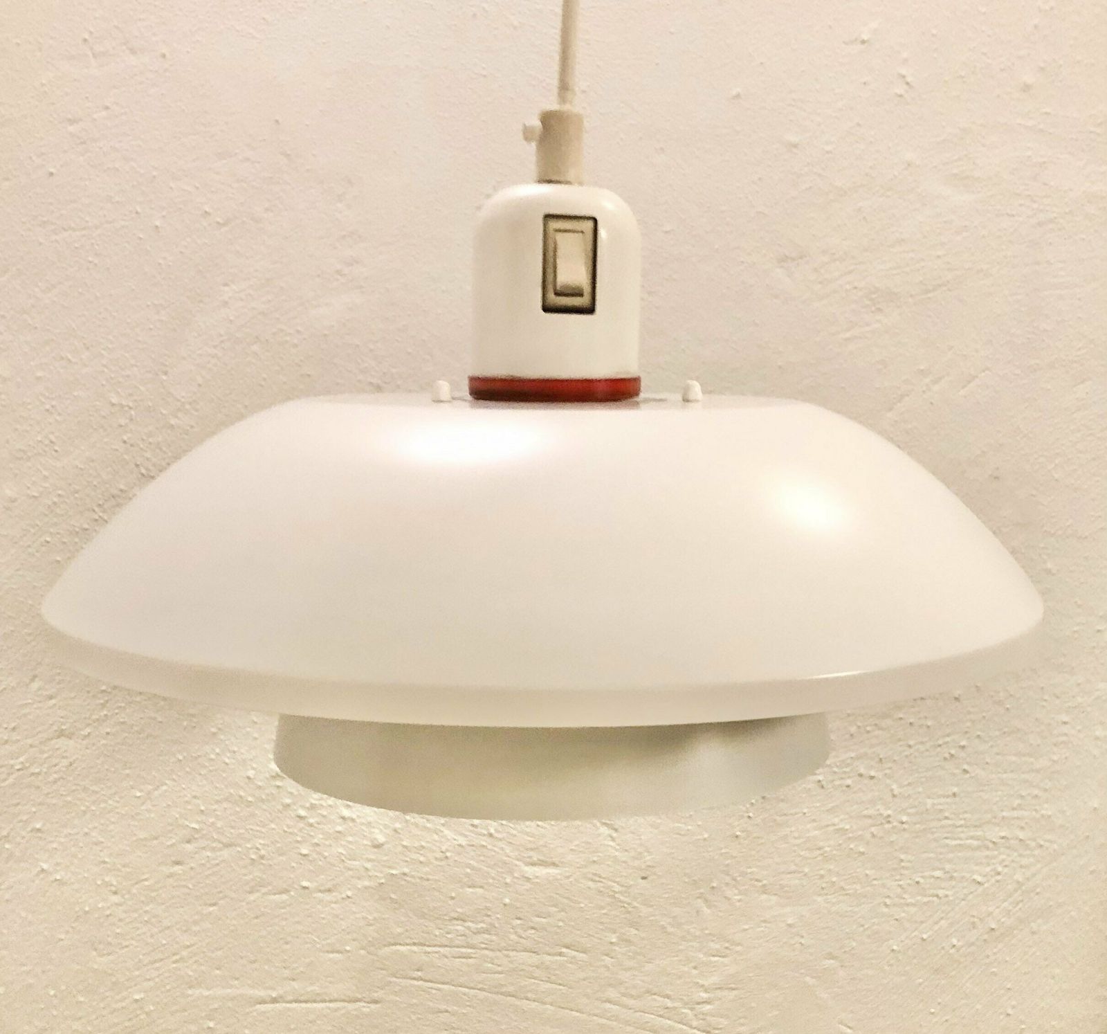 Minimalist Danish Design Multilayer Mid Century Ceiling Lamp In White Metal With Red Detail photo for sale