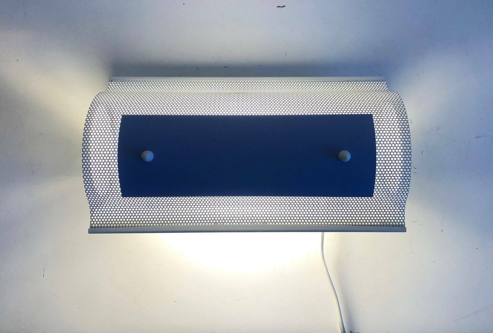 Danish Horn Design Large Minimalist Postmodern Wall Lamp In Perforated Metal With Blue Detail photo furniture