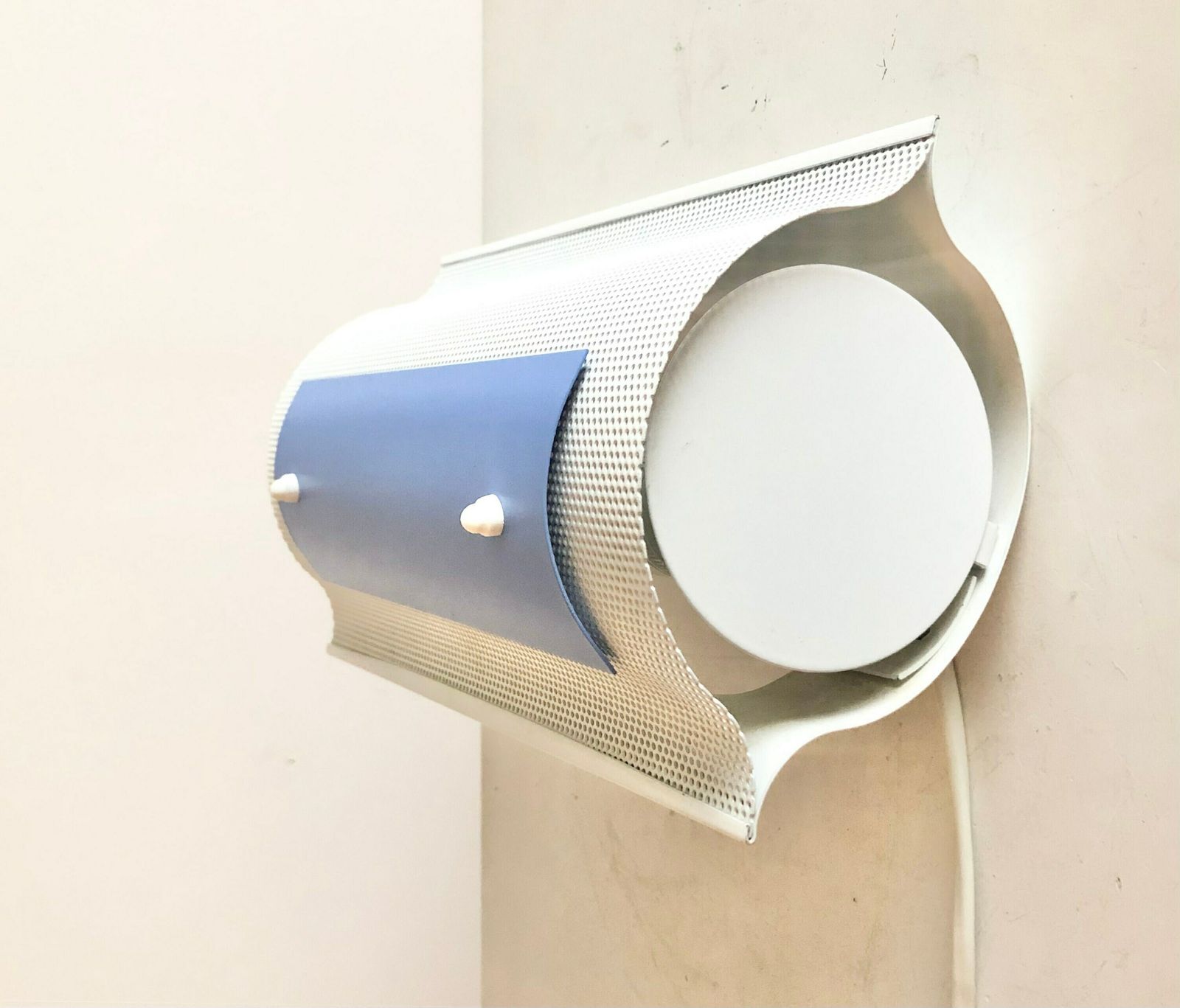 Danish Horn Design Large Minimalist Postmodern Wall Lamp In Perforated Metal With Blue Detail photo 185.0