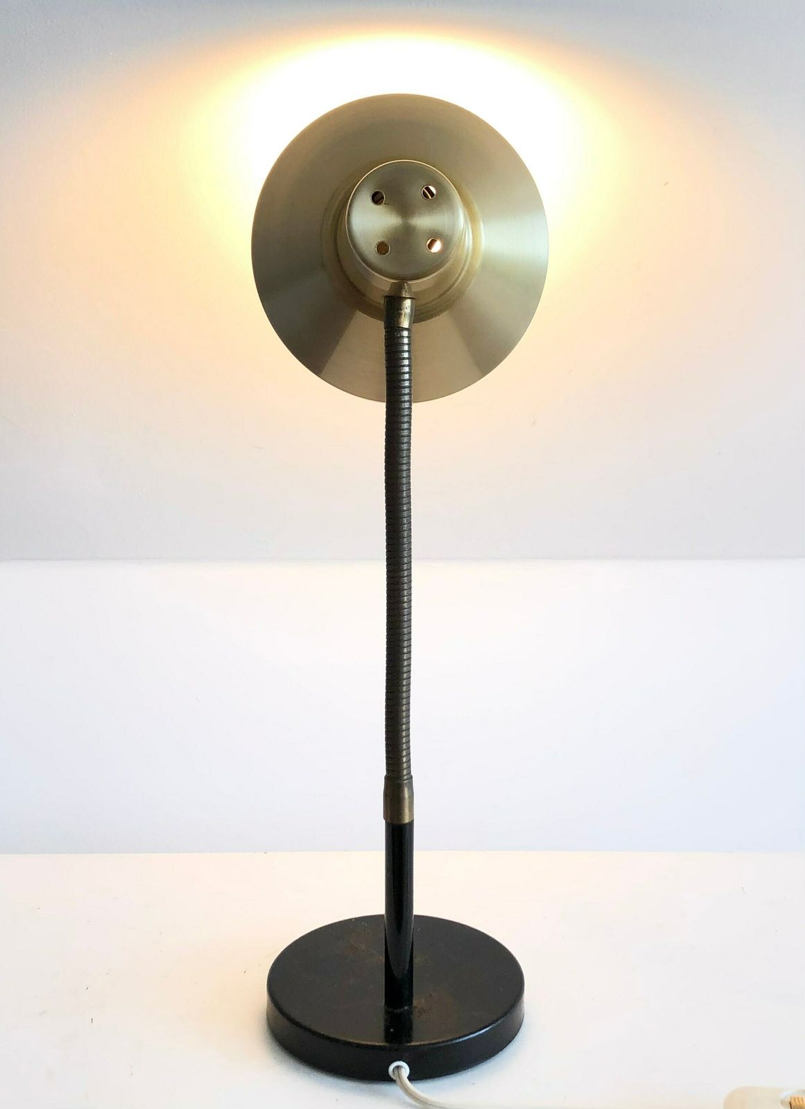Vintage Classic Table Lamp In Cool Design With Golden Shade, Flexible Brass Neck And Patinated Black Metal Base photo 234.0