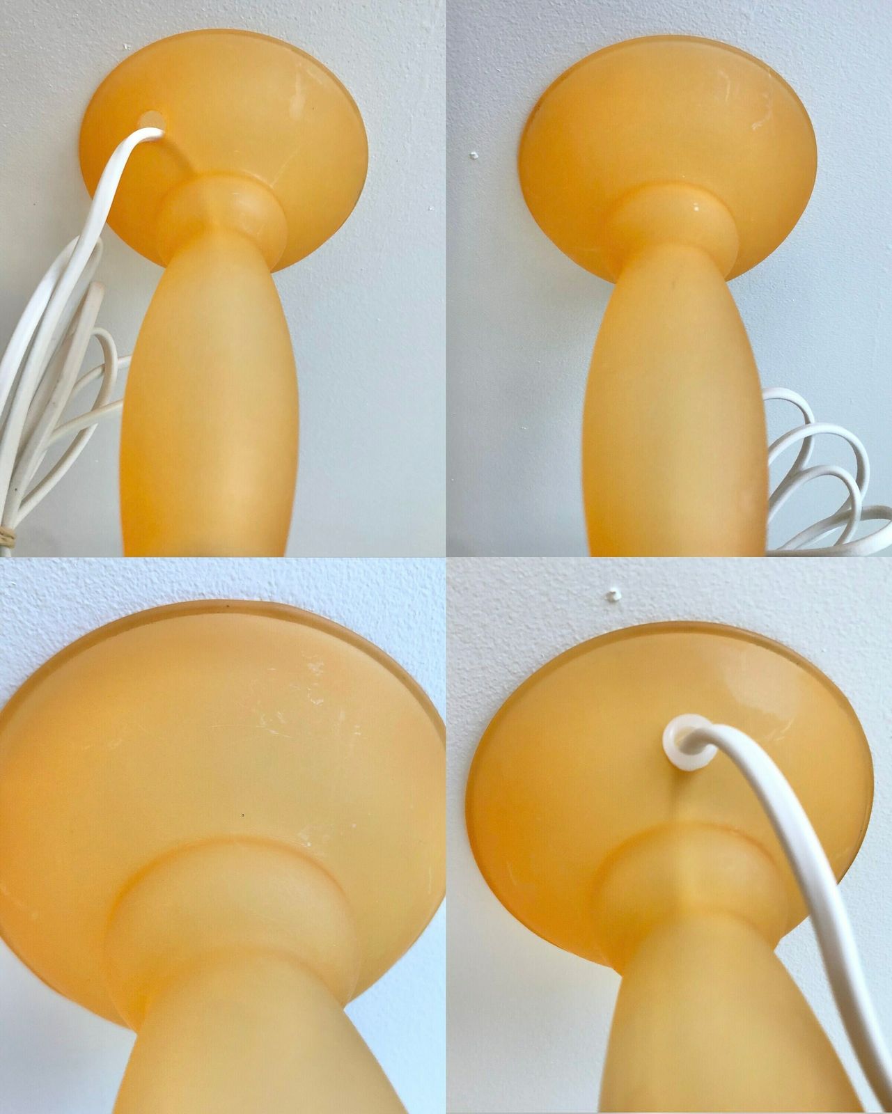 Pair Of Danish Mid Century Glass Table Lamps In Yellow With Purple Patterned Pleated Shades   Design By Plus Lys photo vintage
