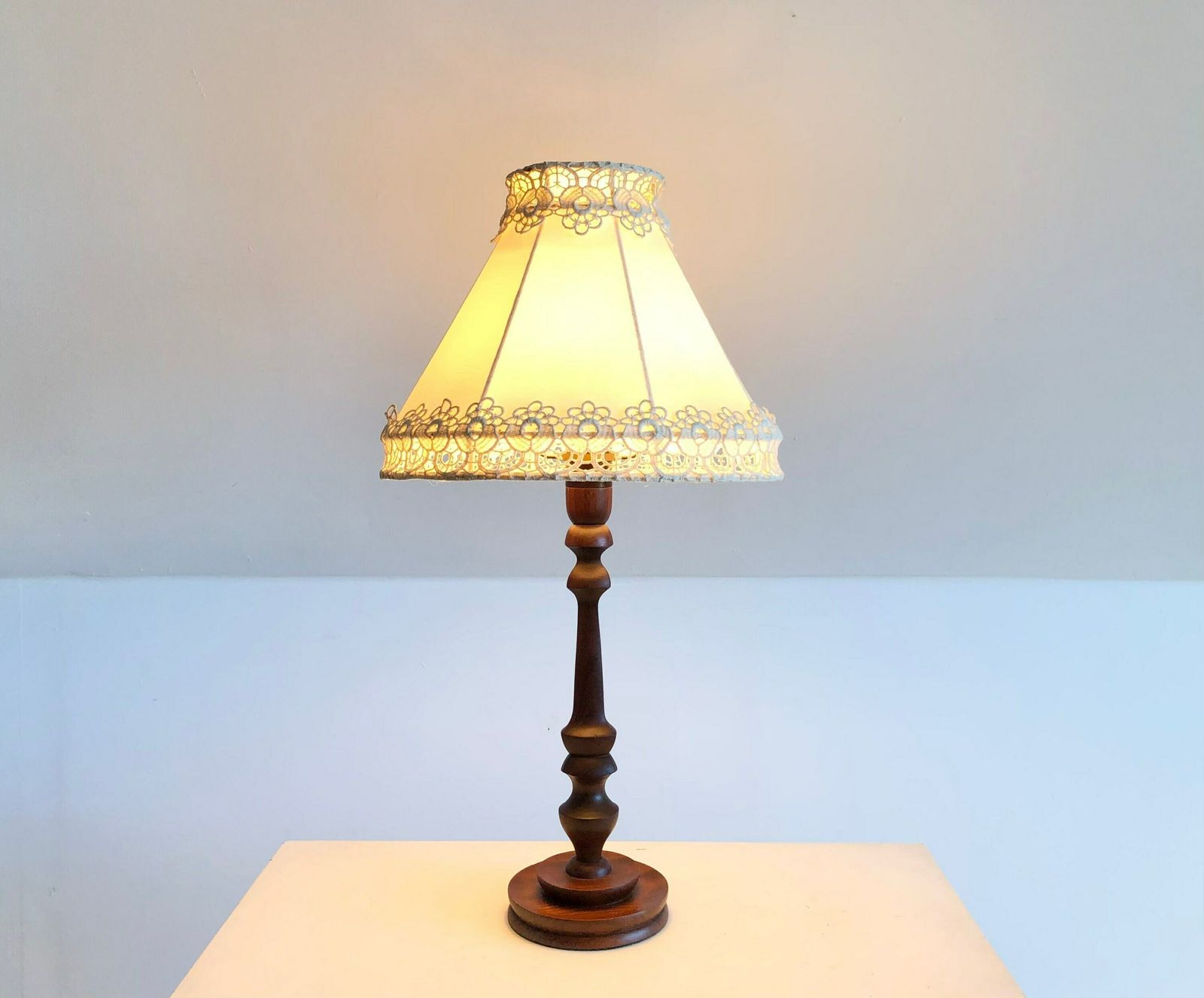 Elegant Dark Wood Danish Vintage Table Lamp In Organic Shapes With Unique Handmade Vintage Embroidered Fabric Shade