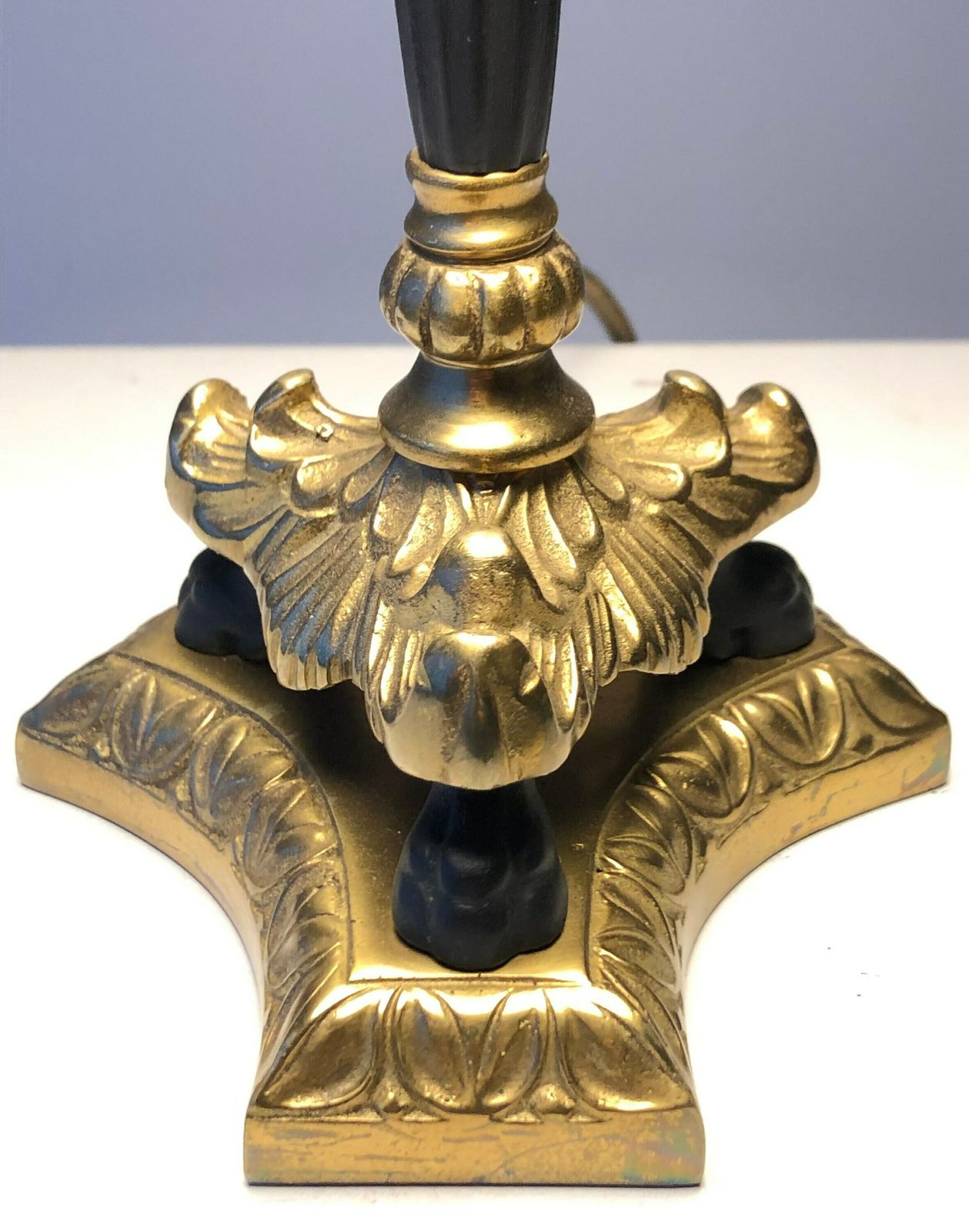 Empire Style Tripod Table Lamp In Brass And Black Painted Metal With Organic Shapes, Lion Feet And Off White Fabric Shade With Dots photo 233.0