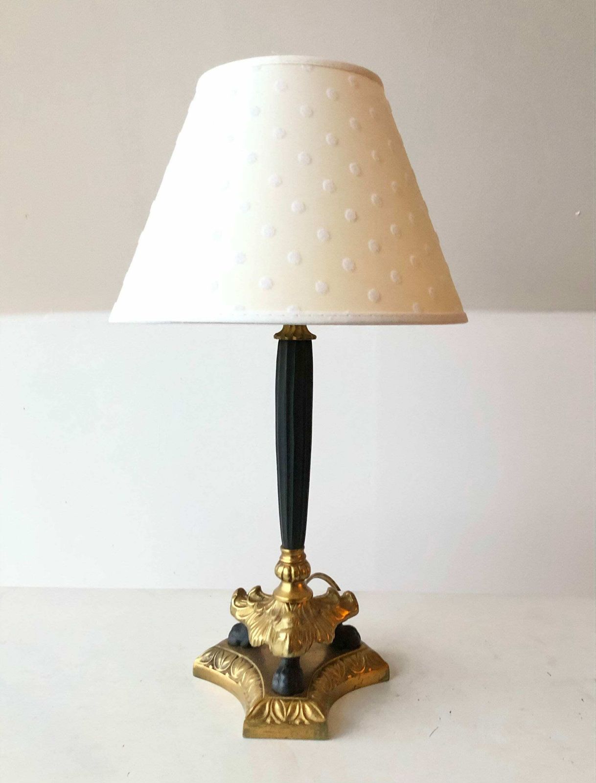 Empire Style Tripod Table Lamp In Brass And Black Painted Metal With Organic Shapes, Lion Feet And Off White Fabric Shade With Dots photo buy