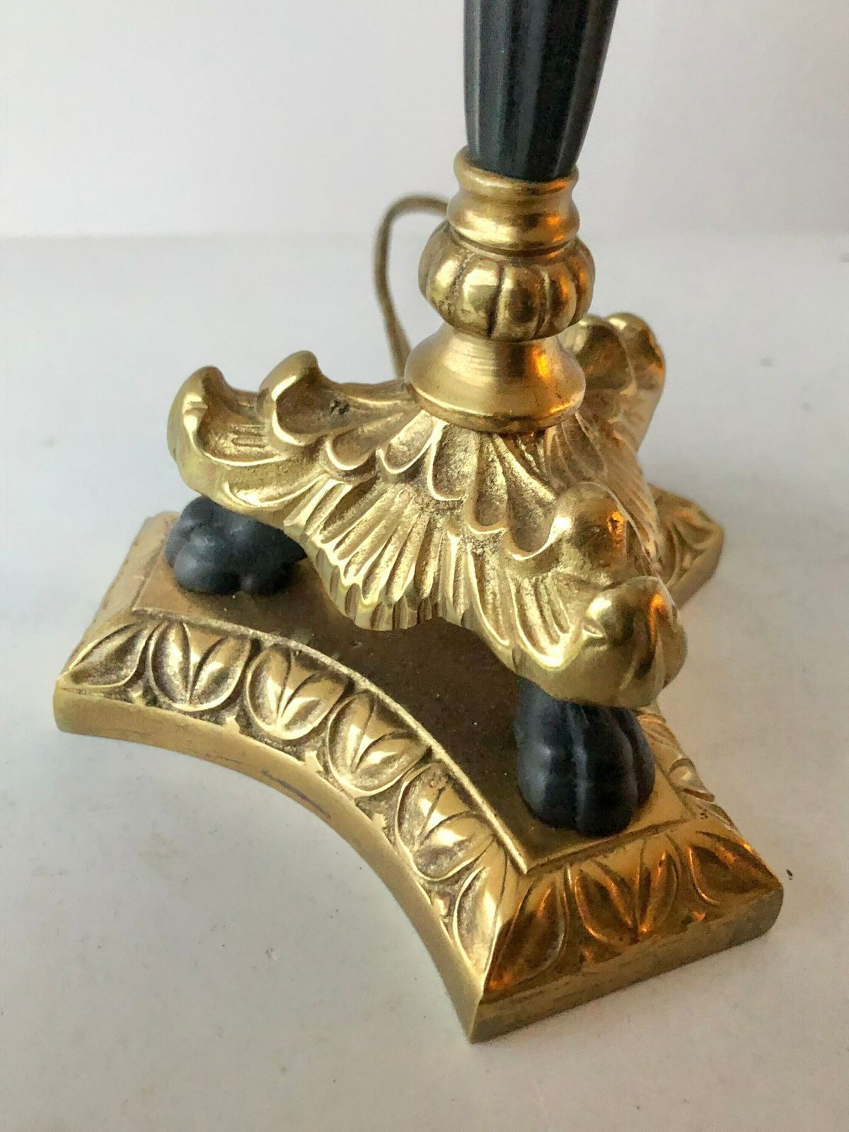 photo furniture Empire Style Tripod Table Lamp In Brass And Black Painted Metal With Organic Shapes, Lion Feet And Off White Fabric Shade With Dots