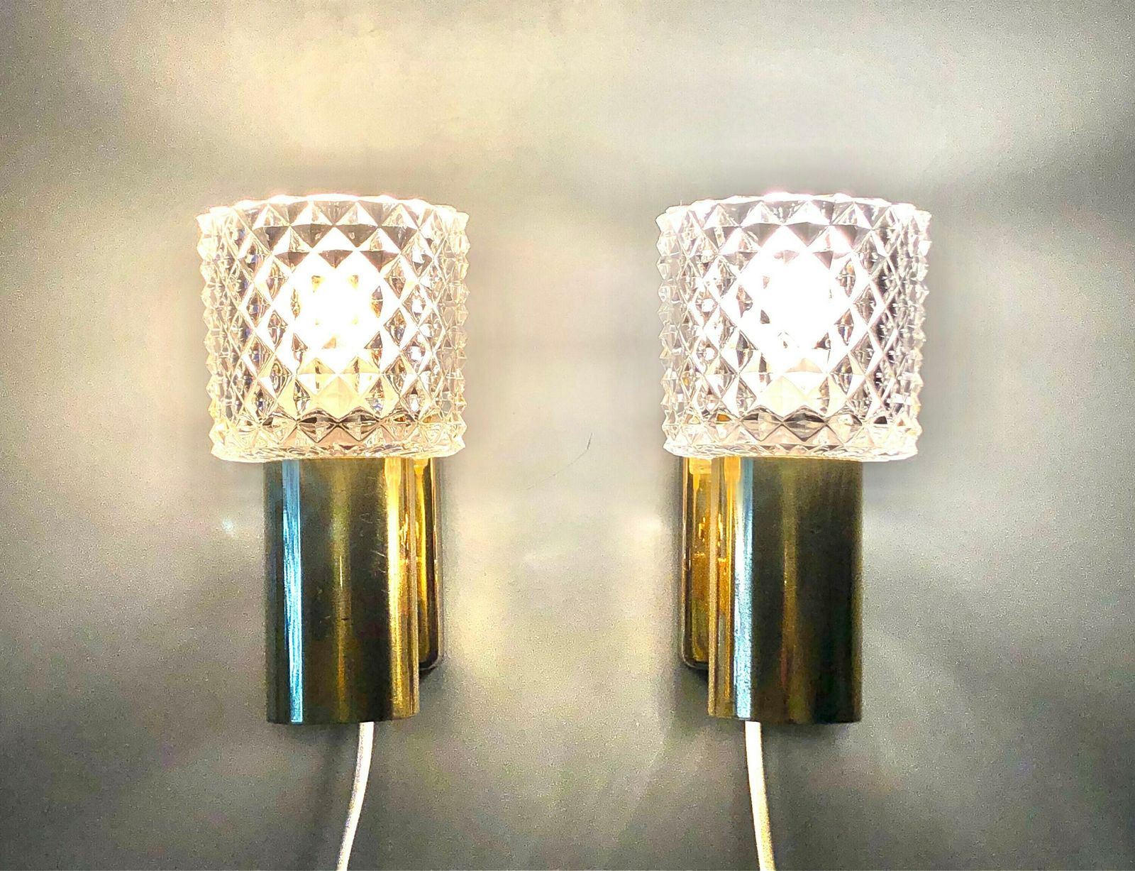 Pair Of Elegant Danish Mid Century Brass Wall Lamps In Modernist Design With Beautiful Crystal Shades photo furniture