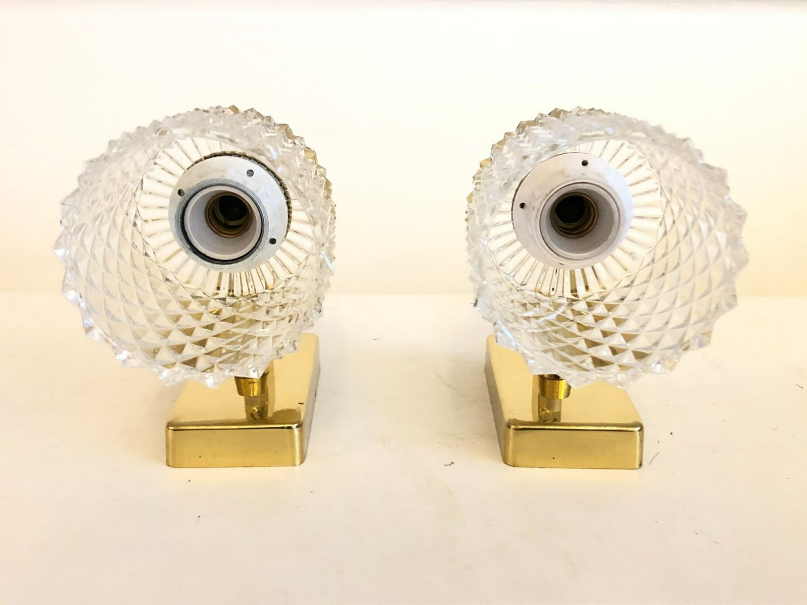 Pair Of Elegant Danish Mid Century Brass Wall Lamps In Modernist Design With Beautiful Crystal Shades photo buy