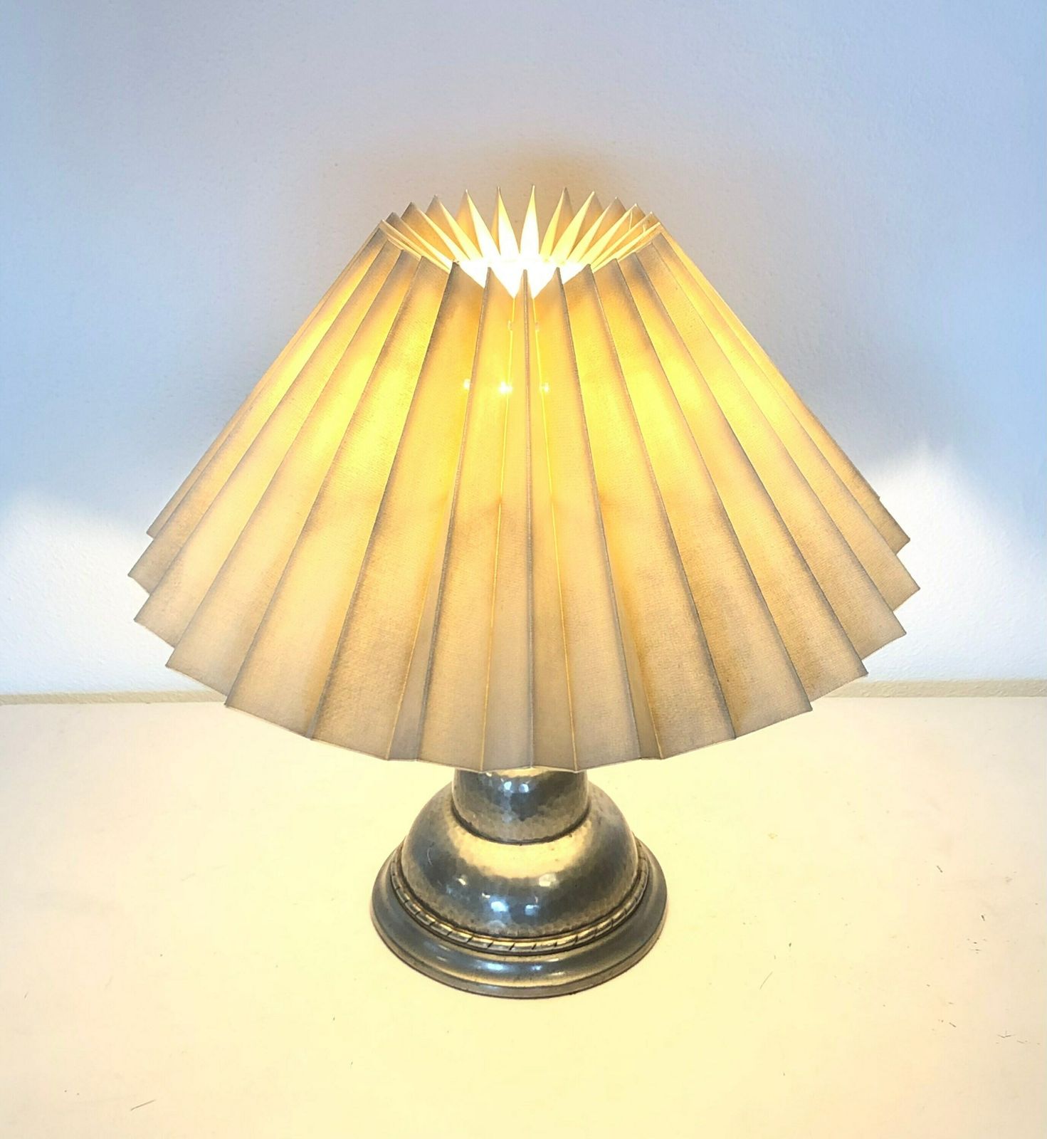 Danish Art Deco Hammered Pewter Table Lamp In Organic Shape With Decoration And Vintage Fabric Pleated Shade   Design By Hags, Denmark photo for sale