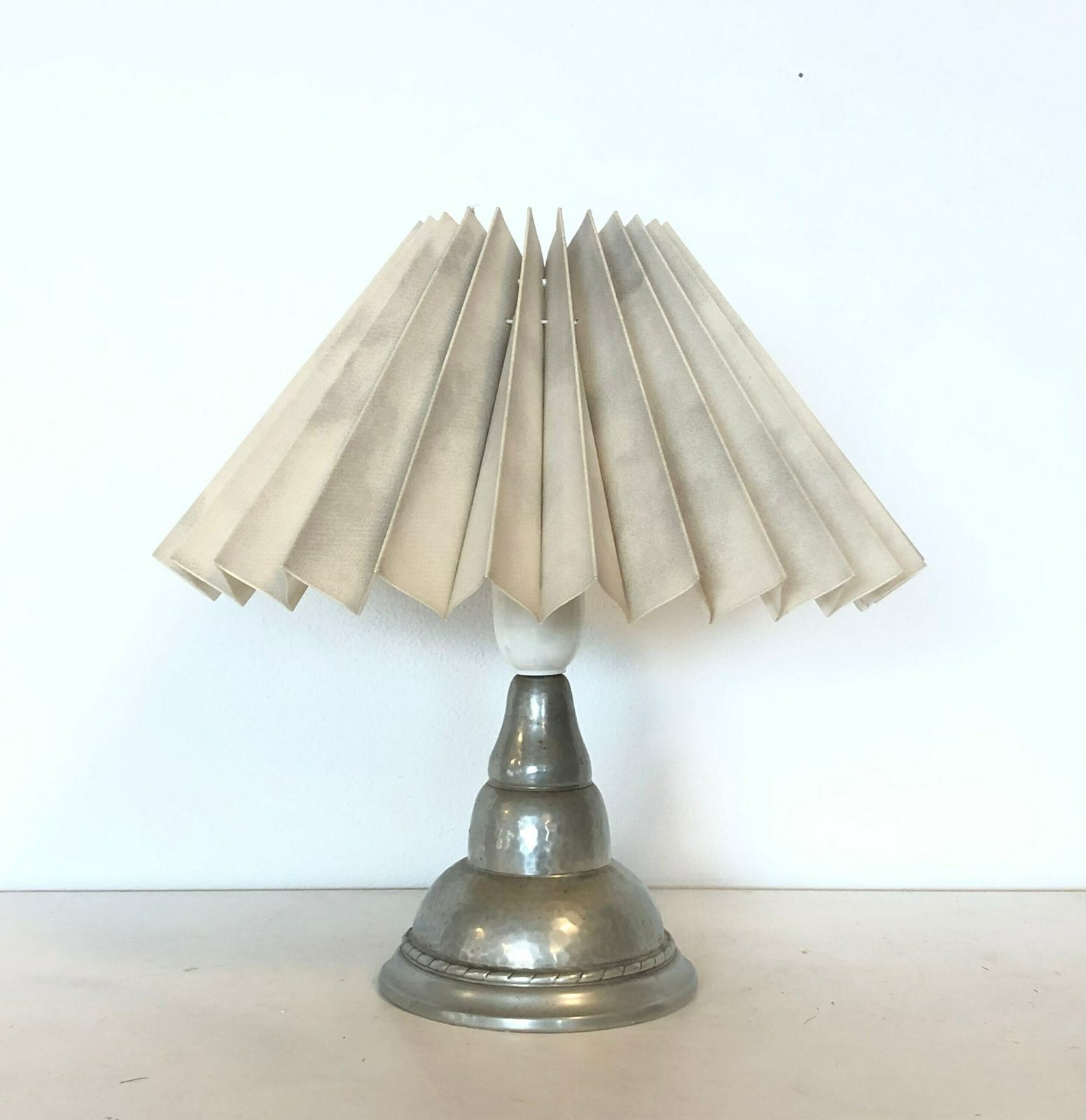 Danish Art Deco Hammered Pewter Table Lamp In Organic Shape With Decoration And Vintage Fabric Pleated Shade   Design By Hags, Denmark photo 197.0